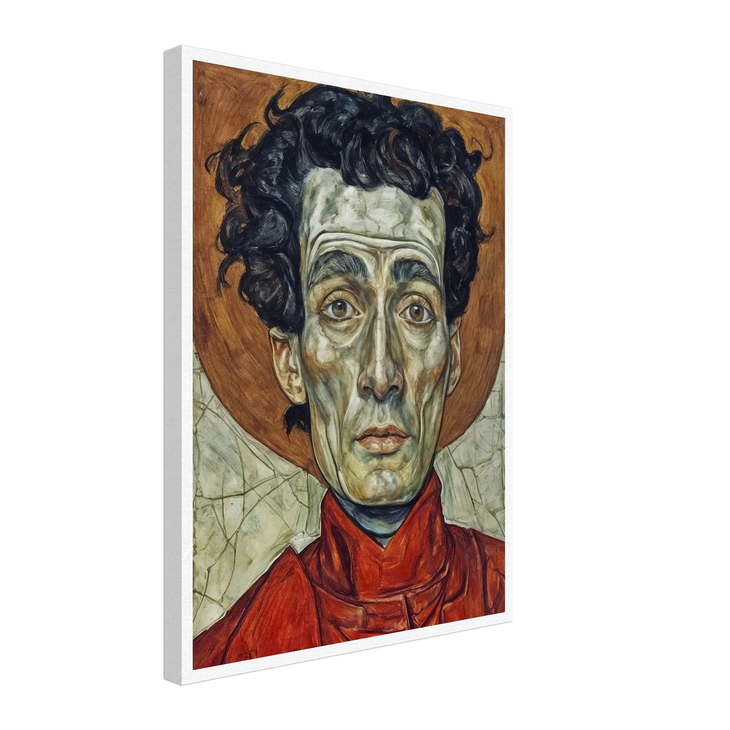 A striking portrait of a man with intense, solemn eyes, painted in vivid reds and browns, capturing a deep sense of weariness and resolve.