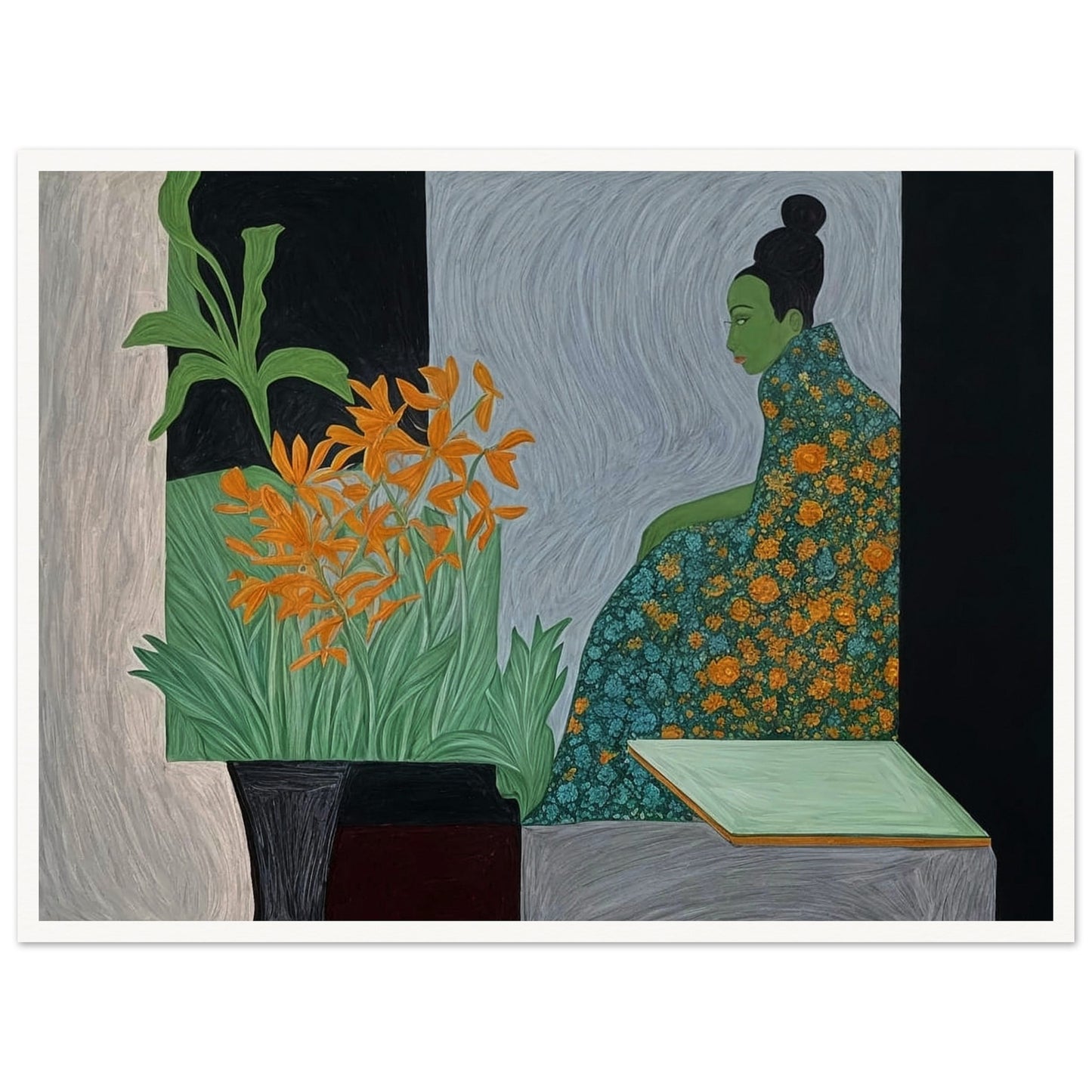 A painting of a woman with a green face in a floral dress, sitting in contemplation next to vibrant orange flowers.