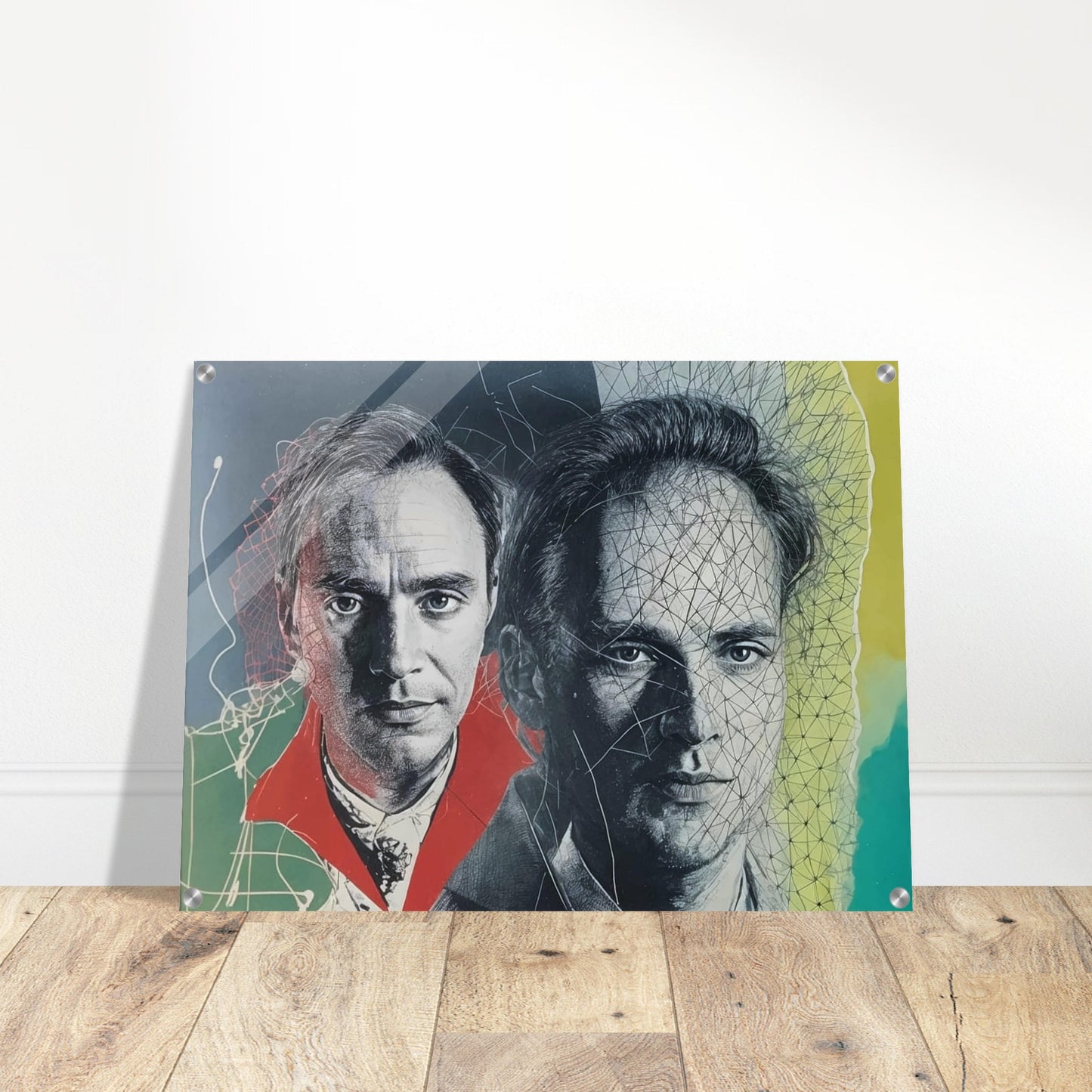 A surreal portrait featuring two faces of the same man, one with a vibrant red collar and the other interwoven with abstract lines.