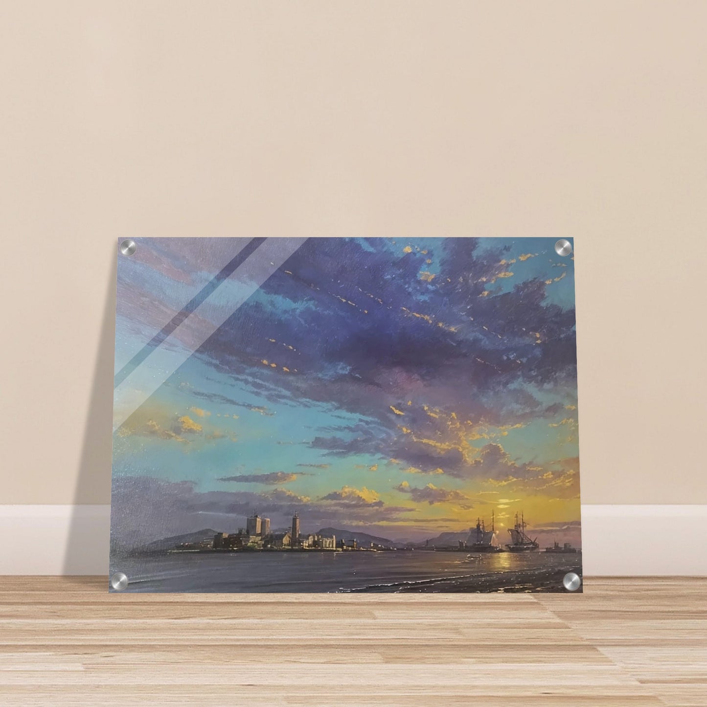 A stunning painting of a harbor at sunset, with ships anchored and a vibrant sky filled with hues of blue, purple, and orange.