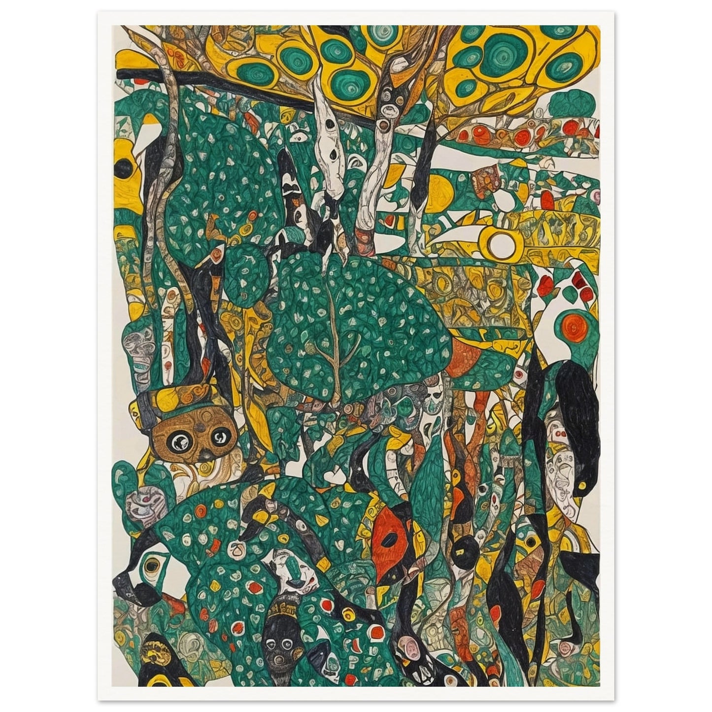 An intricate and colorful painting depicting a whimsical jungle scene with abstract shapes and vibrant green, yellow, and orange hues.