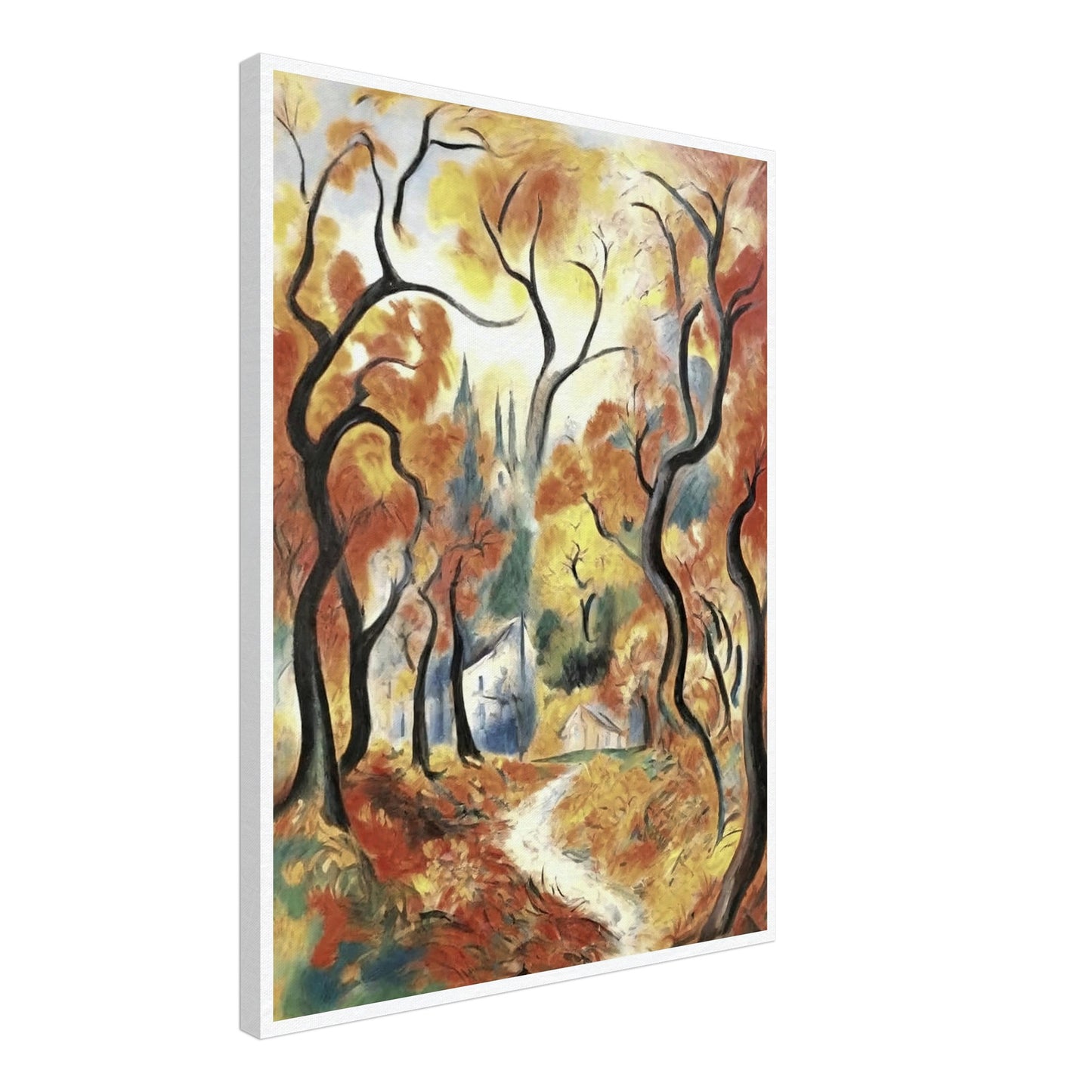 "A vibrant autumn landscape with twisted trees and a winding path leading to a cottage, framed by golden and orange leaves."
