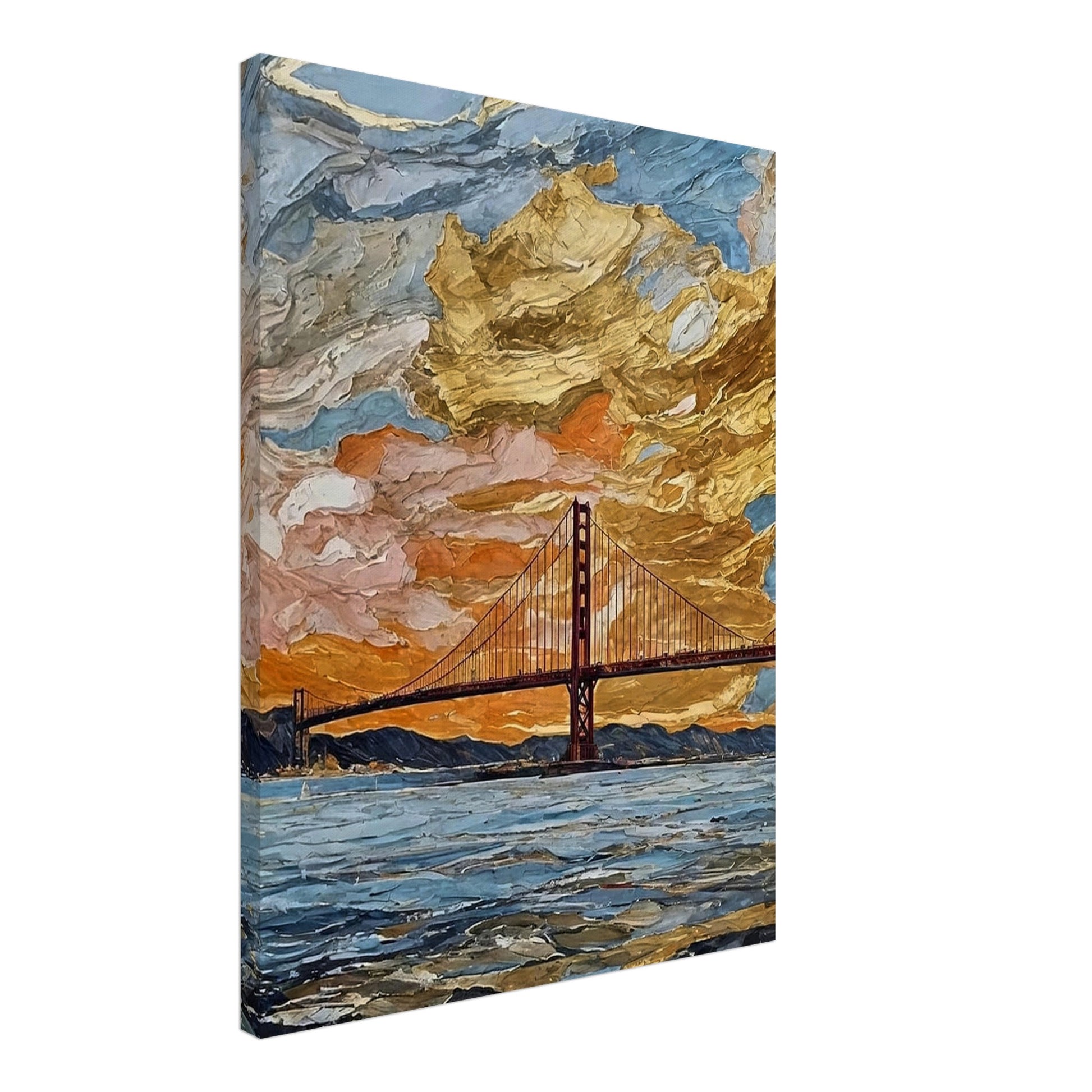 "A vibrant painting of a bridge at sunset, with dramatic golden clouds filling the sky and reflecting off the water below."