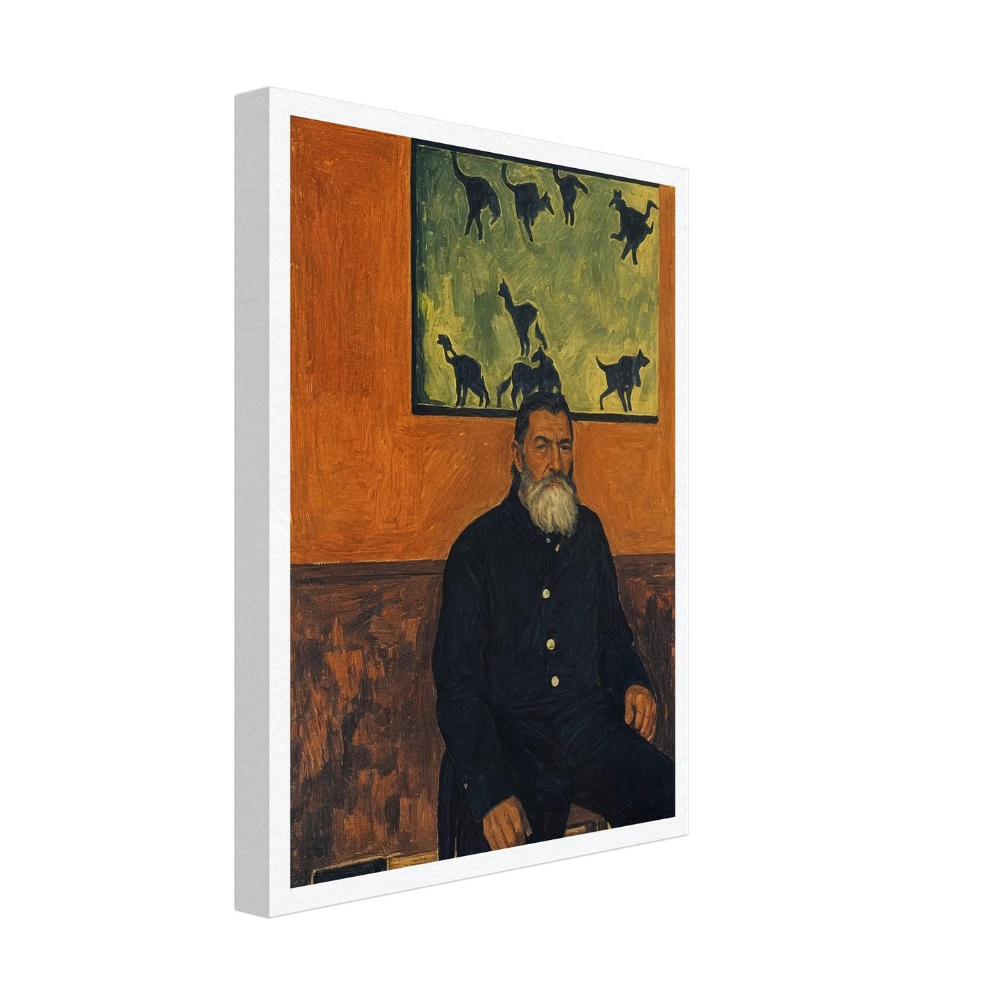 A bearded man seated against a burnt orange wall, gazing into the distance with a painting of cats behind him, exuding a quiet, contemplative presence.