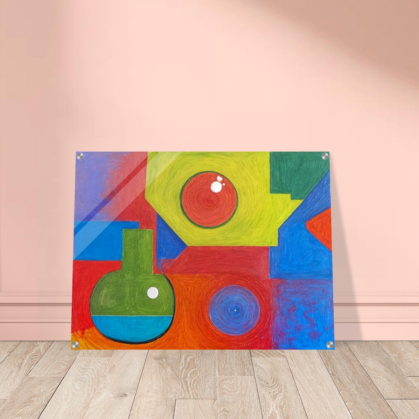 A colorful abstract composition featuring vibrant geometric shapes in bold reds, greens, blues, and yellows, creating a playful and dynamic visual arrangement.