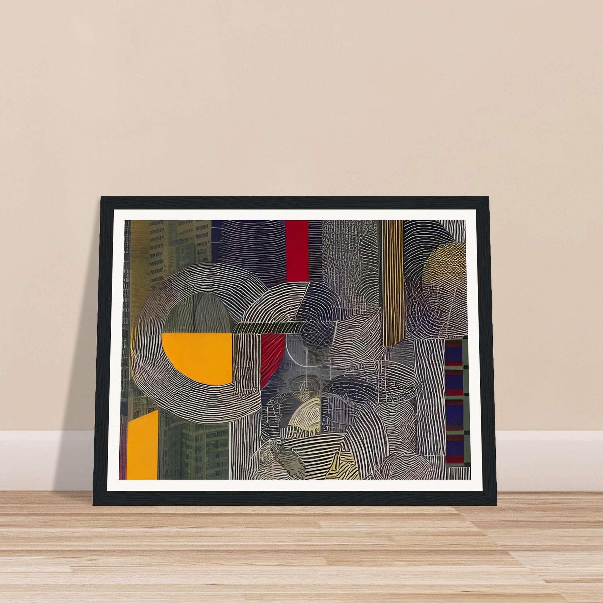 A contemporary abstract painting featuring bold geometric shapes, lines, and patterns, evoking an urban architectural landscape.