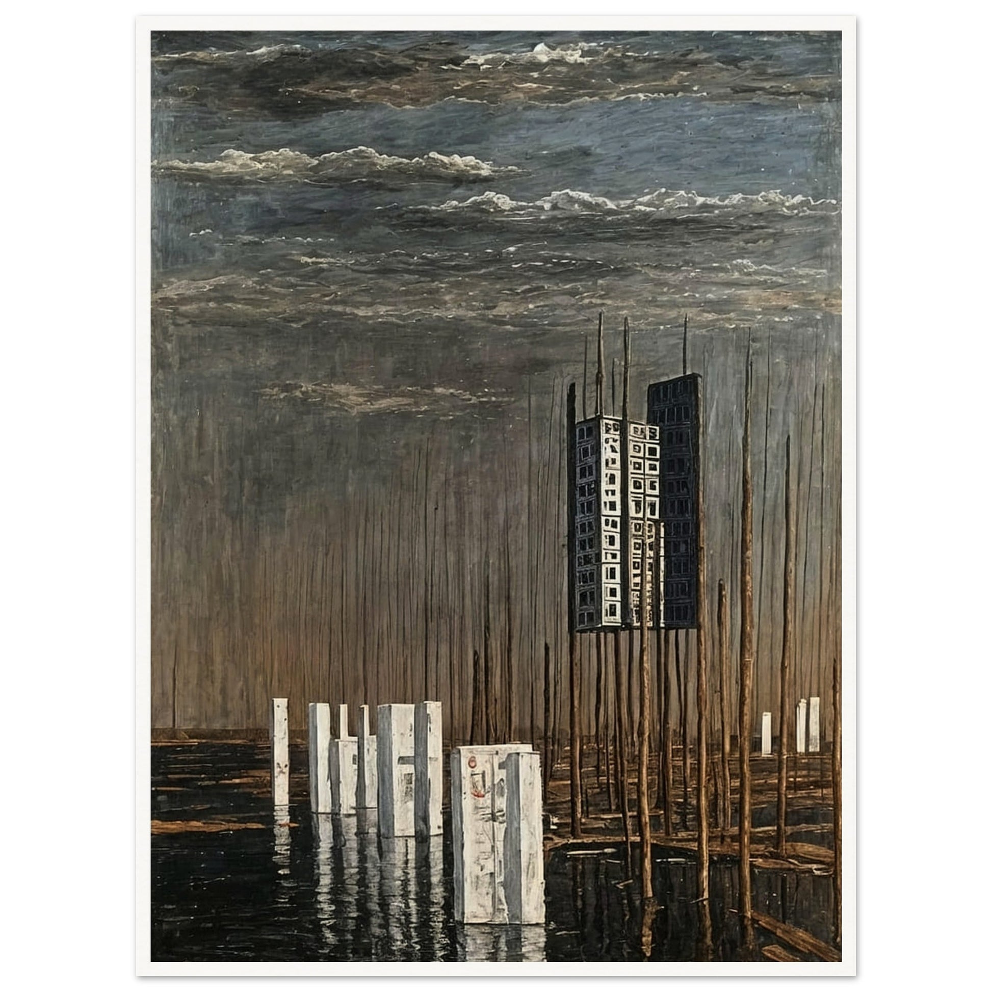 A surreal landscape painting featuring a tall, isolated building suspended among thin wooden poles, with reflective water and a cloudy sky.