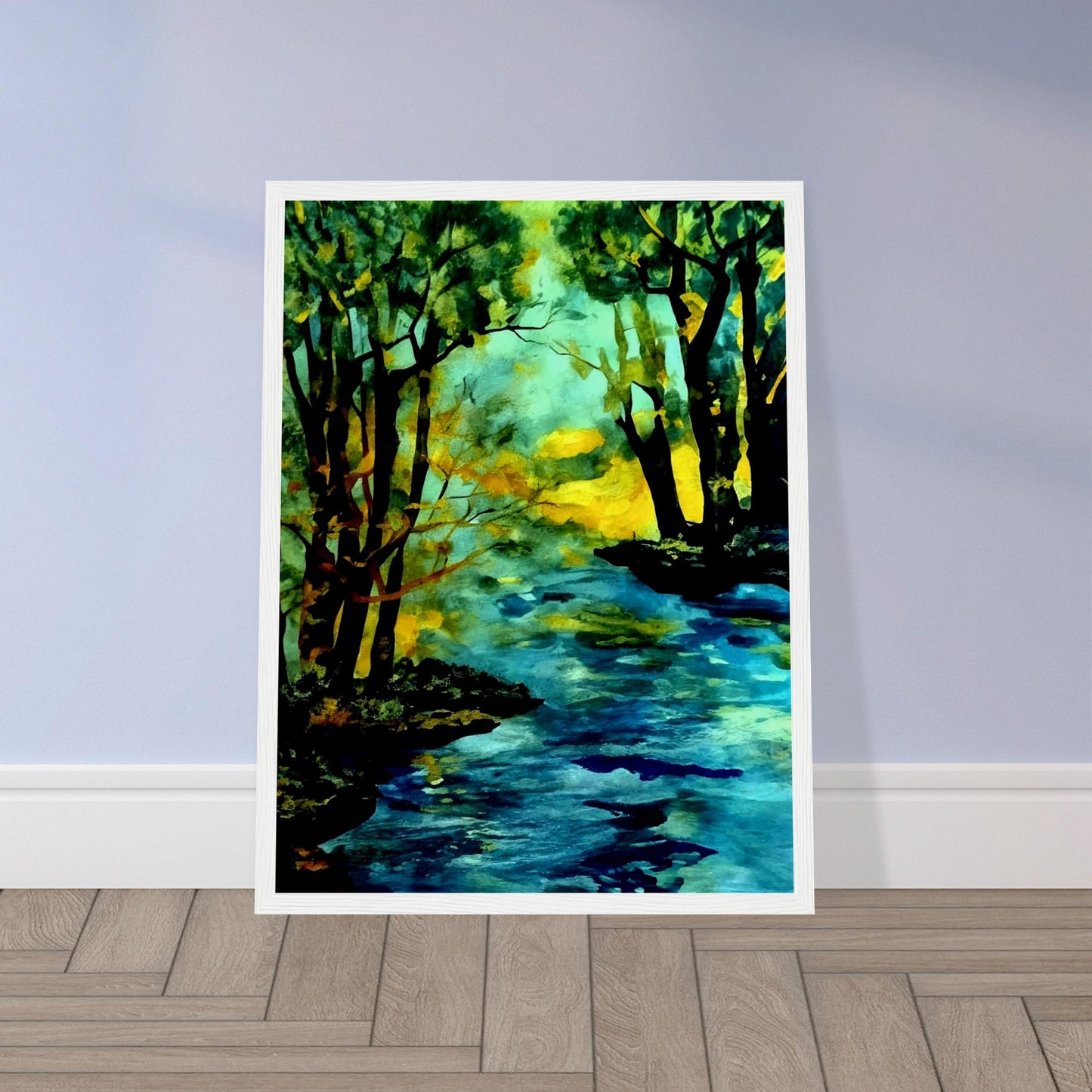 A vibrant landscape painting of a river flowing through a forest, with trees reflecting in the water and a warm glow of sunlight in the background, evoking tranquility and nature's beauty.