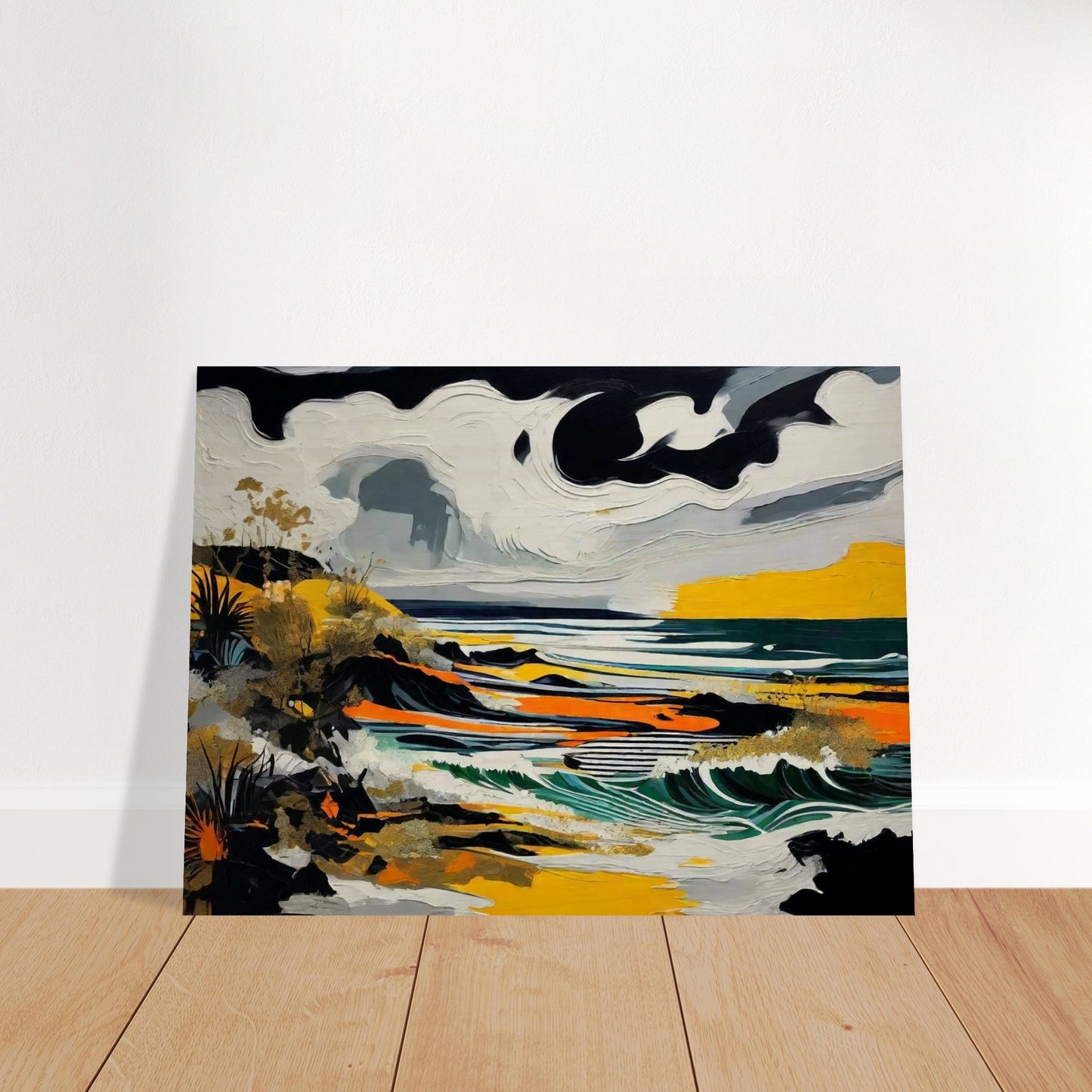 A striking seascape painting with swirling clouds, crashing waves, and bold colors of yellow, black, and green along a rugged coastline.
