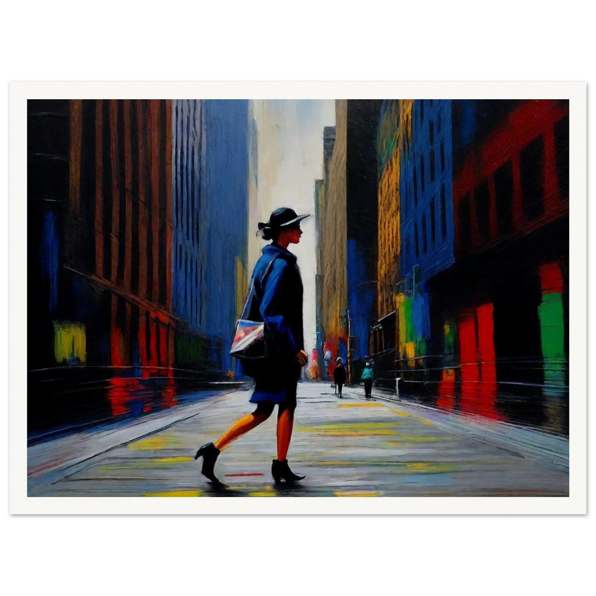 A vibrant painting of a woman walking through a colorful city street, with towering buildings and reflective surfaces.