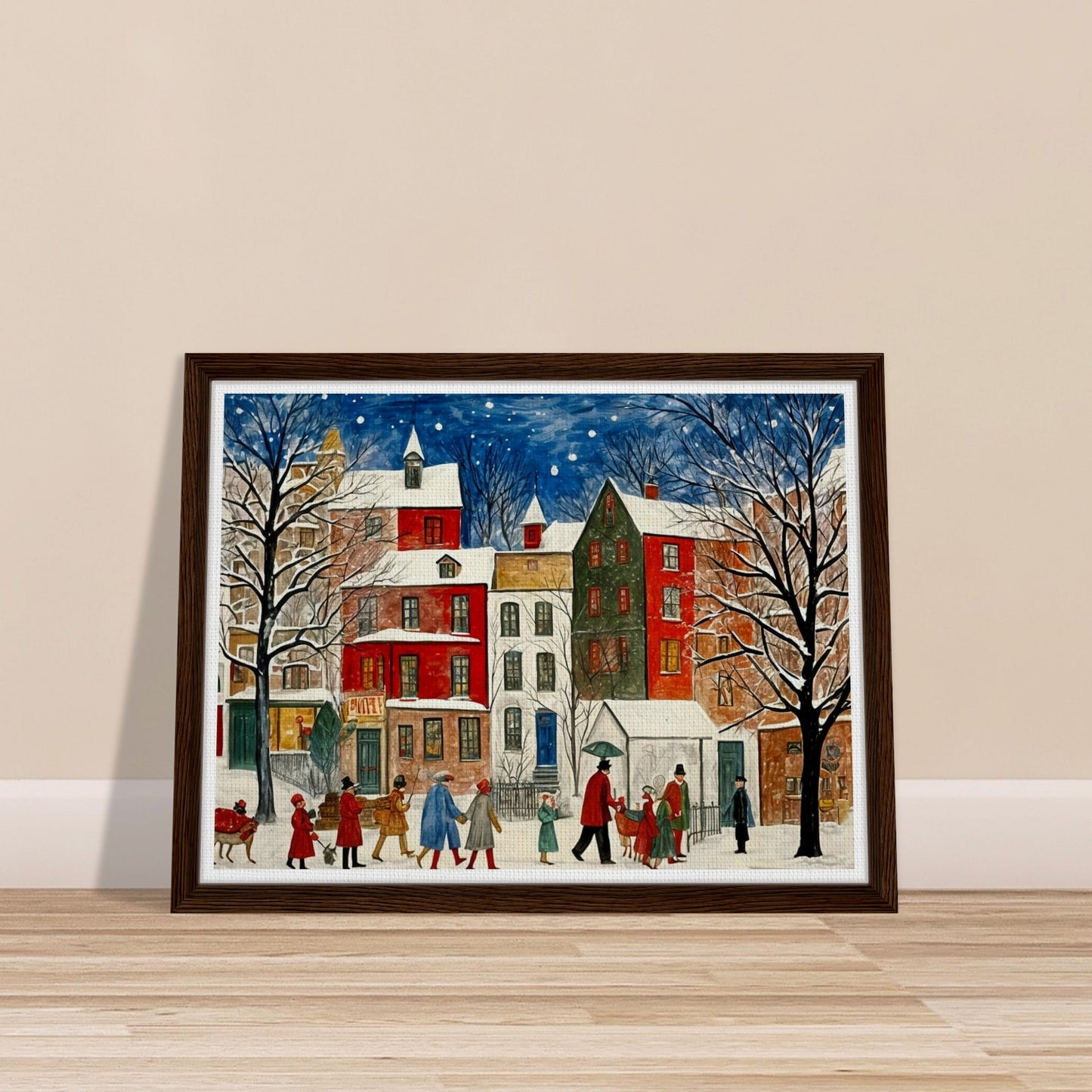 A charming cityscape with people walking down a snow-covered street, surrounded by colorful houses and trees under a starry night sky, capturing the holiday spirit.