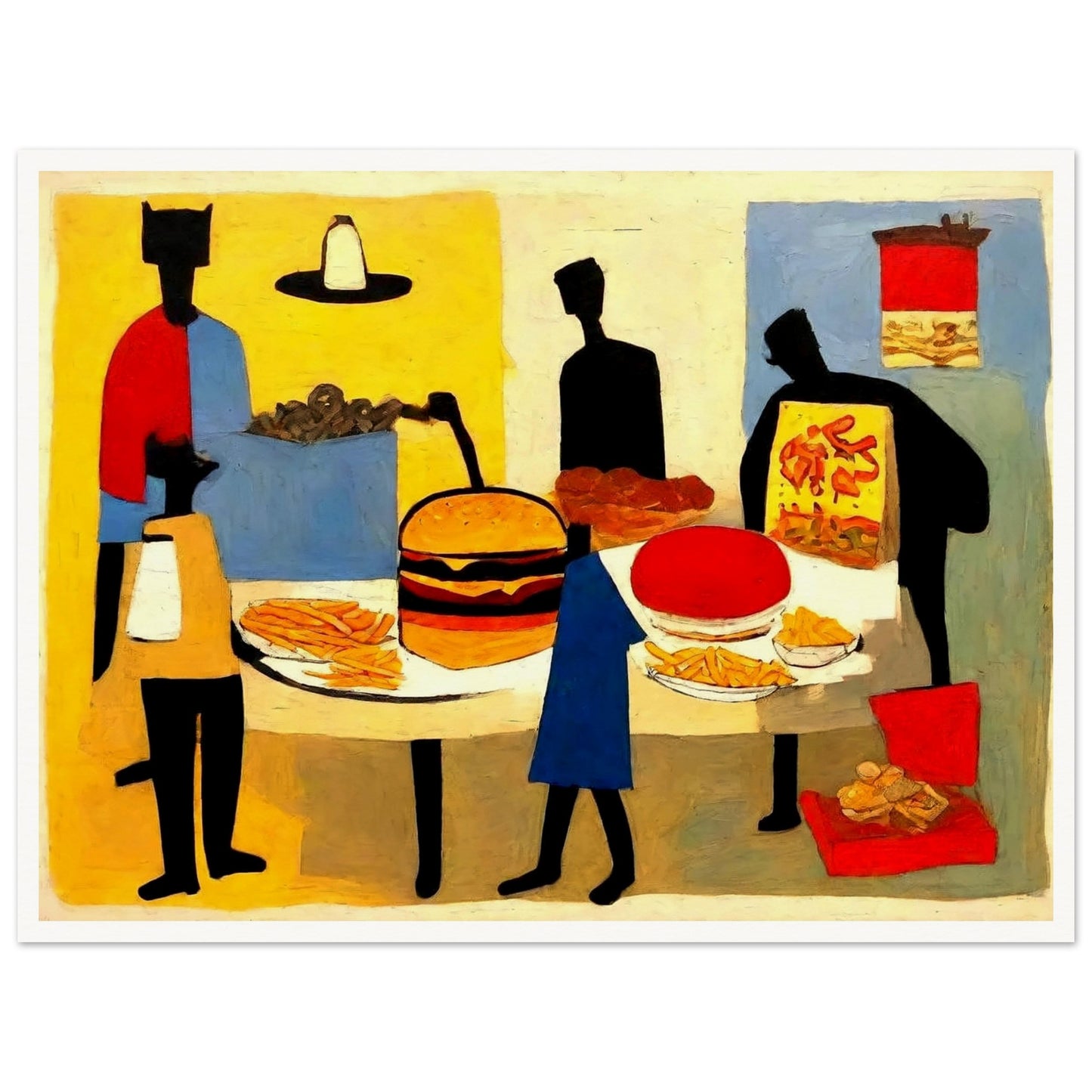 "An abstract painting of figures gathered around a table full of fast food items, including a burger, fries, pizza, and soda."