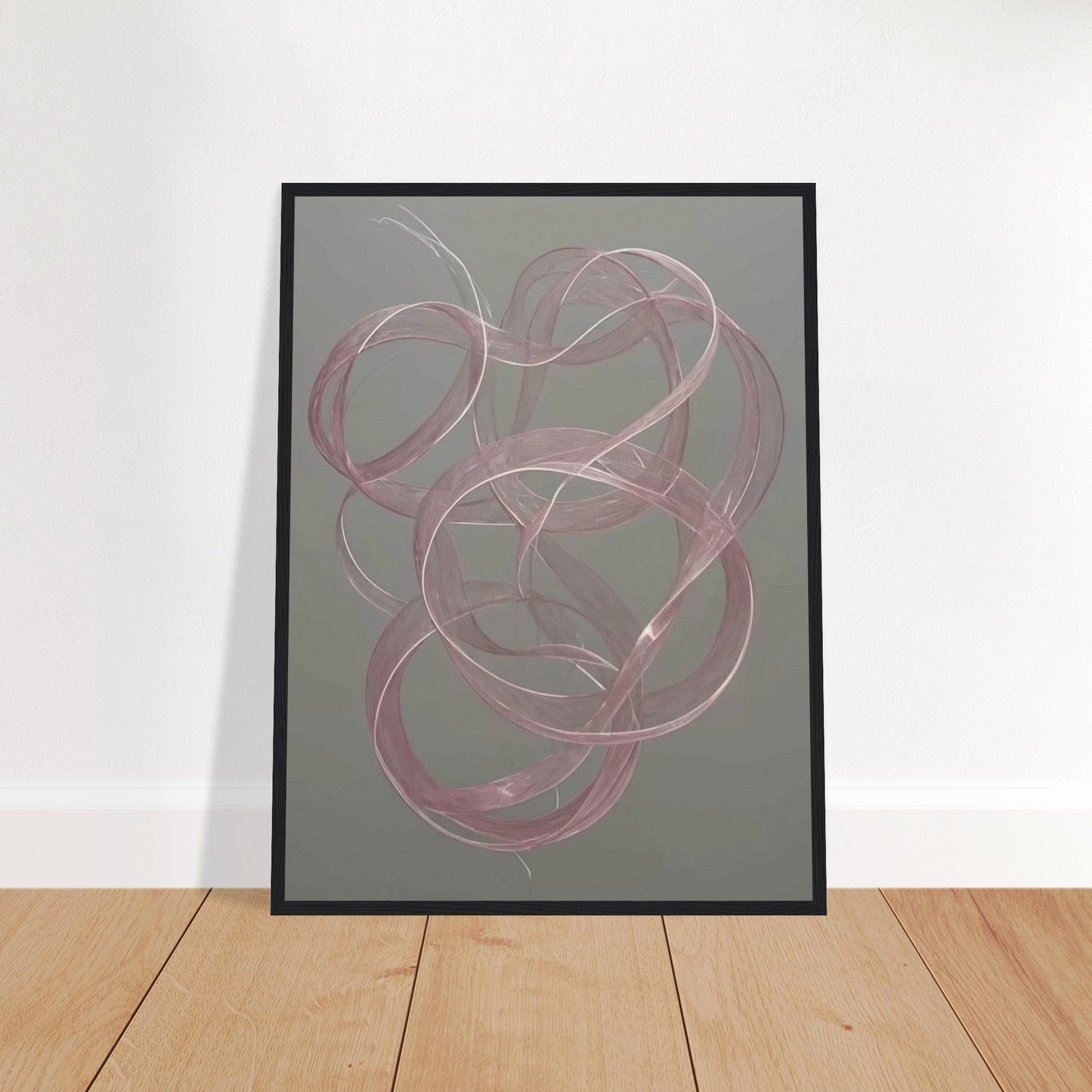 Delicate pink loops float gracefully against a muted gray background, creating a sense of movement and elegance in a tranquil space.