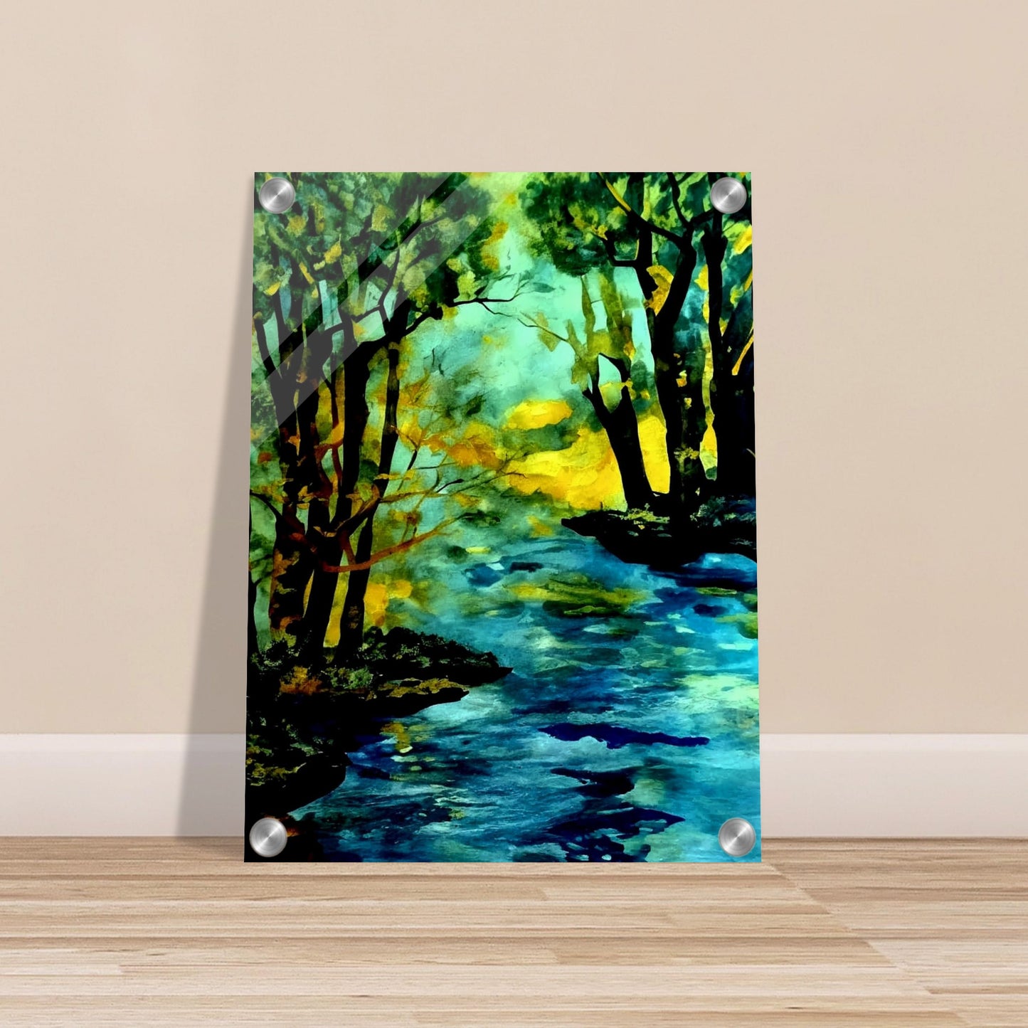 A vibrant landscape painting of a river flowing through a forest, with trees reflecting in the water and a warm glow of sunlight in the background, evoking tranquility and nature's beauty.