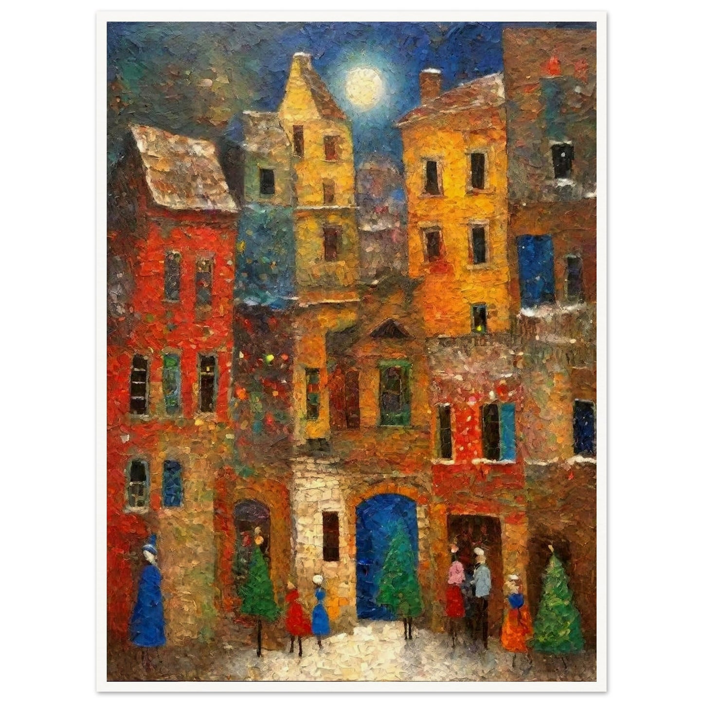 A vibrant village scene under a glowing full moon, with colorful buildings, evergreen trees, and people enjoying a festive atmosphere.