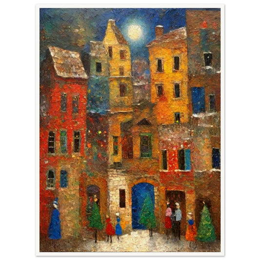A vibrant village scene under a glowing full moon, with colorful buildings, evergreen trees, and people enjoying a festive atmosphere.