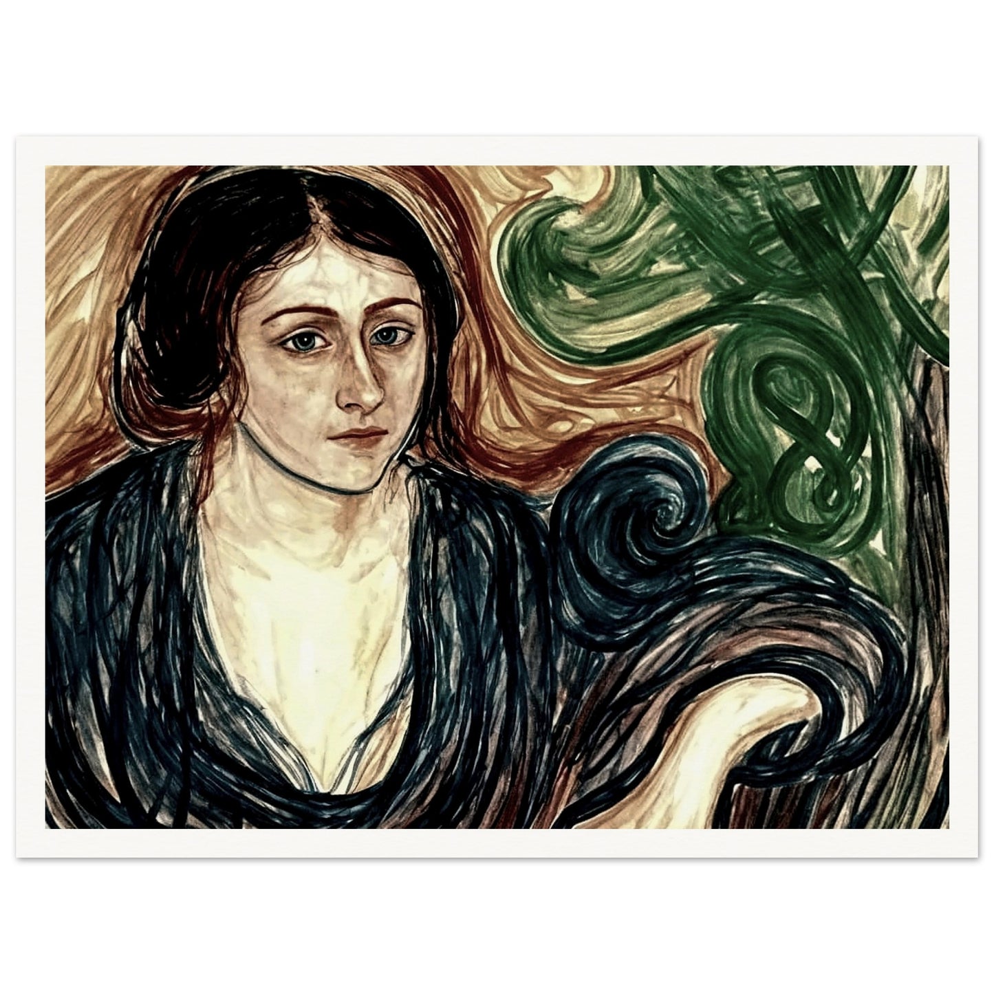 A contemplative portrait of a woman with dark hair, dressed in a flowing blue robe, surrounded by swirling patterns of green and brown.