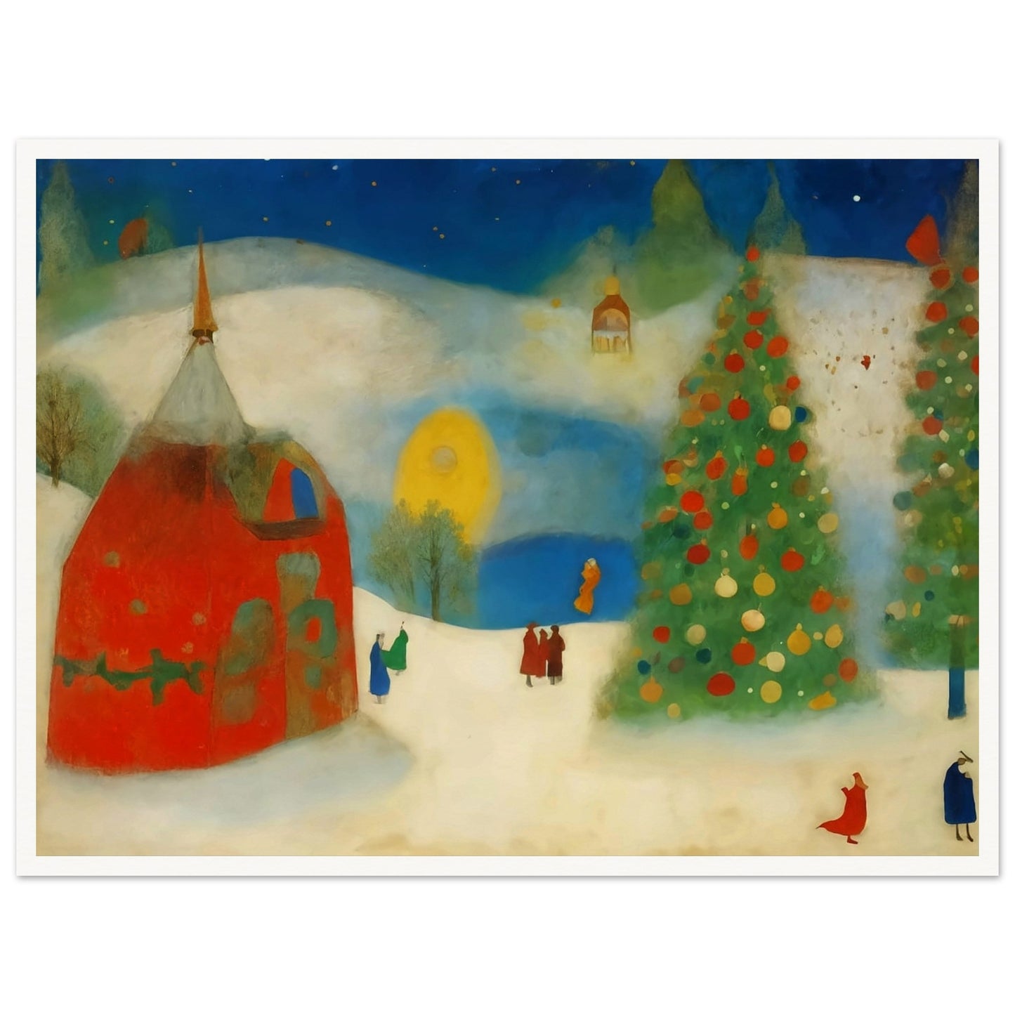 A whimsical winter scene with a large Christmas tree decorated in vibrant ornaments, a cozy red house, and figures strolling through a snowy landscape under a night sky.
