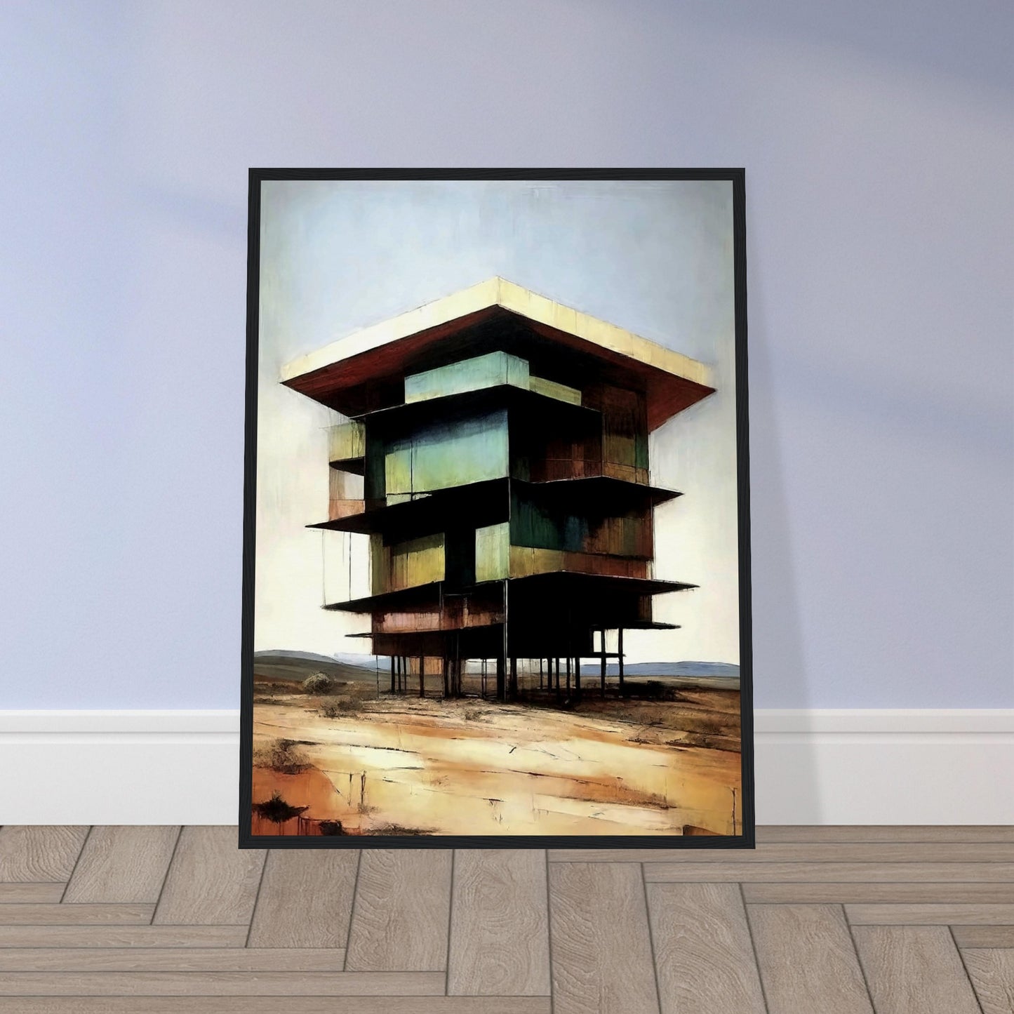 A modern, multi-level building standing on tall stilts in a desolate desert landscape, with earthy tones and a minimal sky.