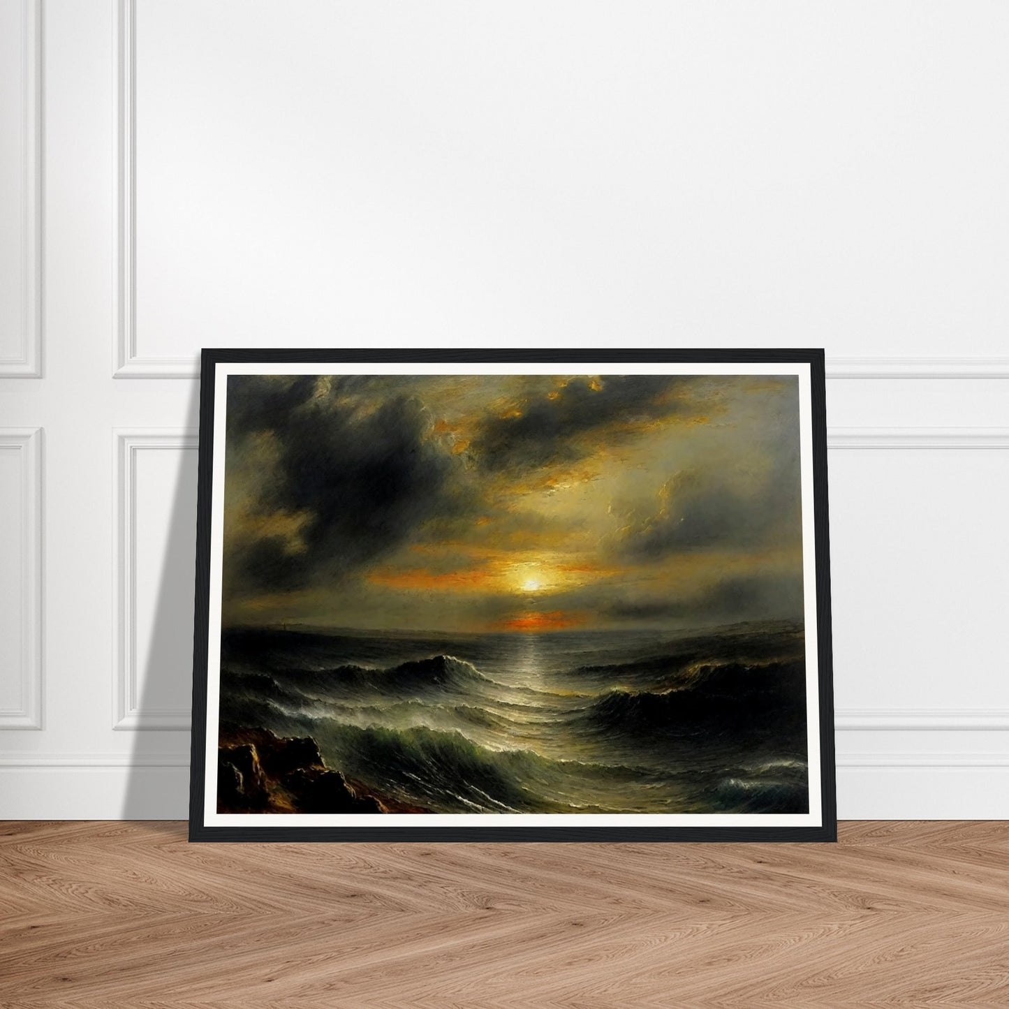 A dramatic seascape painting capturing the power and beauty of the ocean at sunset. The scene features turbulent waves under a cloudy sky, with the sun breaking through the horizon, casting an orange and yellow glow over the water.