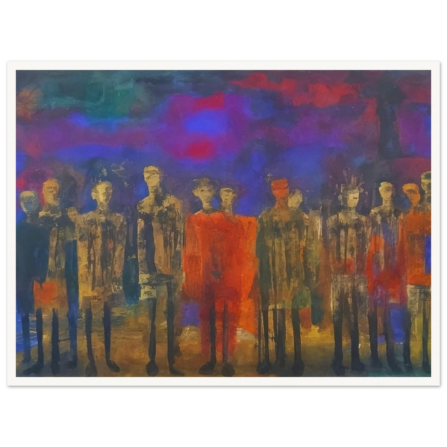A mysterious gathering of figures in muted tones, set against a vibrant, multicolored backdrop that evokes a sense of silent contemplation.