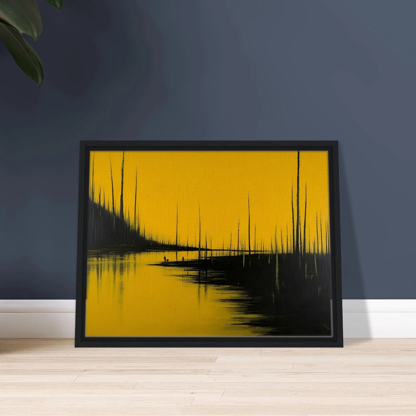 Tall black trees pierce a golden-yellow sky, reflected in still waters as tiny figures stand quietly in the surreal forest scene.