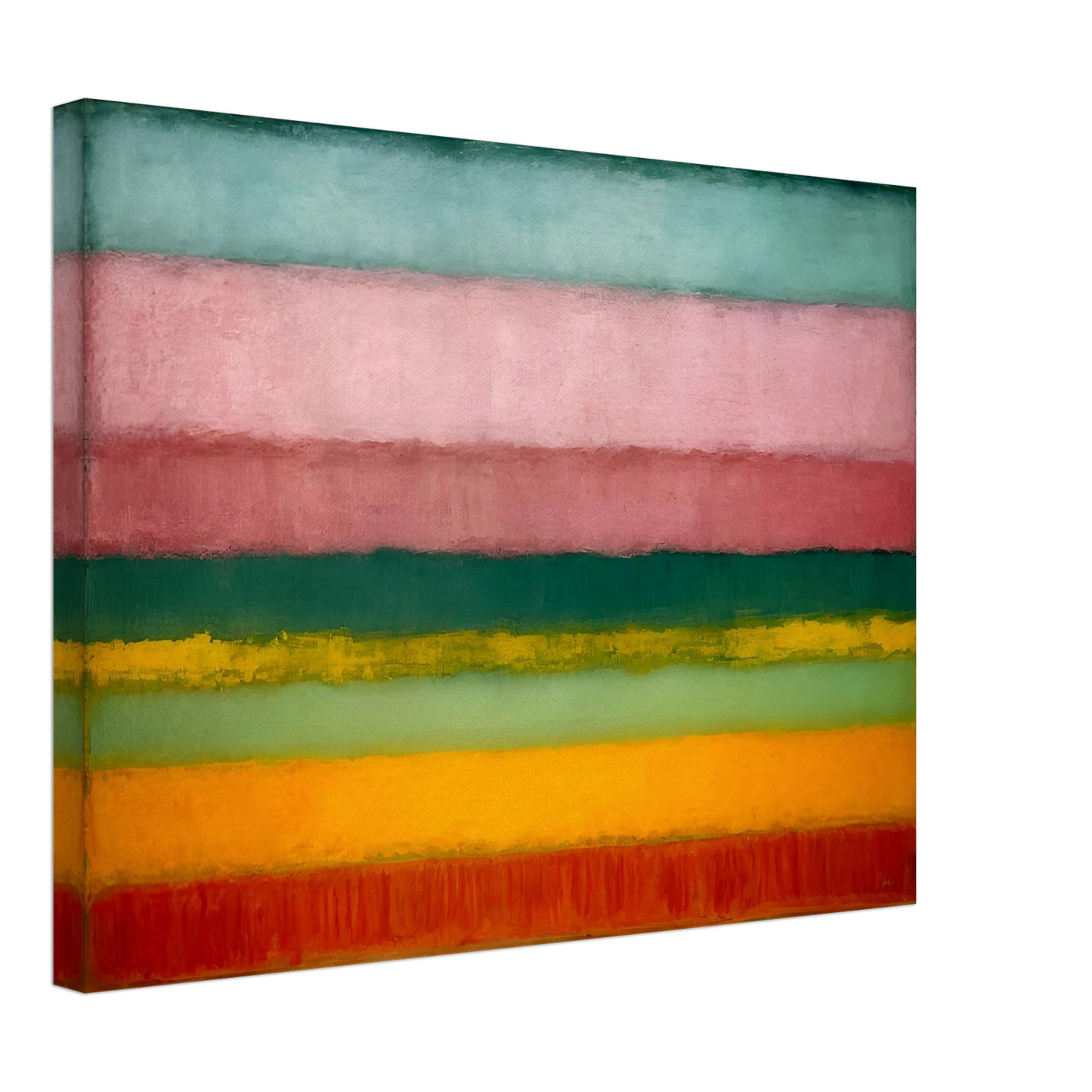 A minimalist painting of horizontal color bands fading softly from one to another in pink, green, yellow, and red tones.