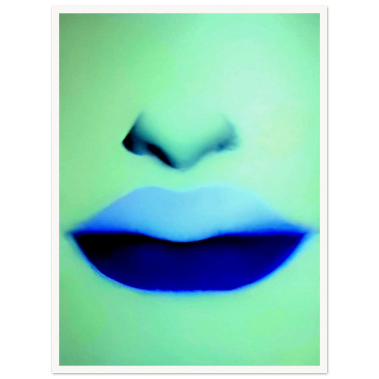 A close-up of soft lips and nose rendered in cool blue and green hues, creating a mysterious and ethereal vibe with bold contrast.
