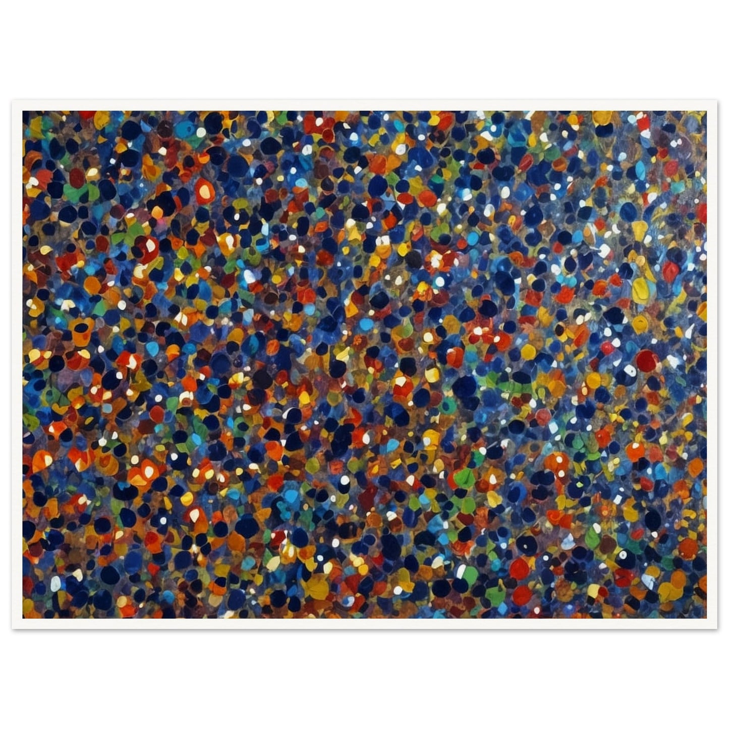 A dynamic display of colorful dots in various shades of blue, orange, green, and red, creating a vibrant and energetic pattern reminiscent of a starry sky or confetti.