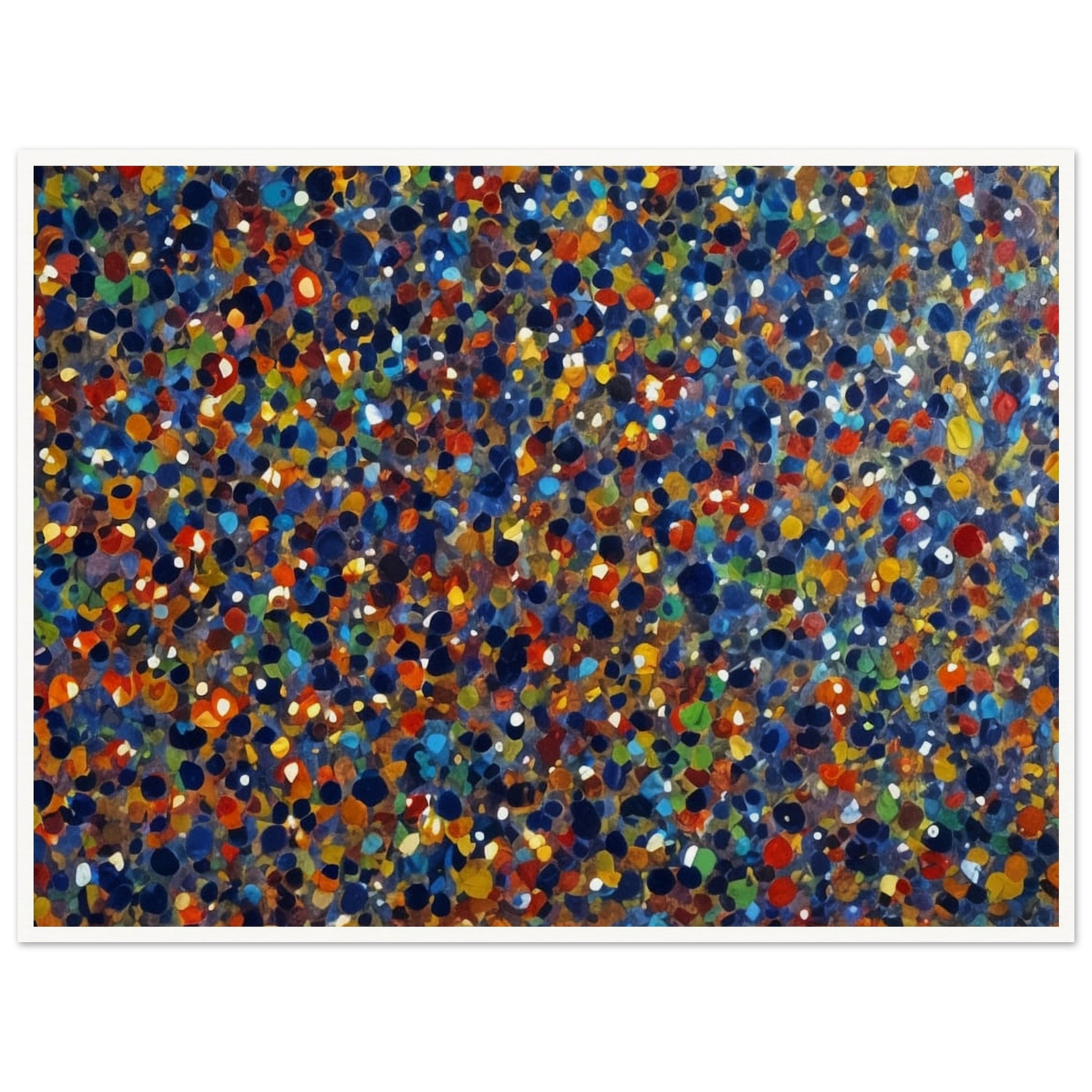 A dynamic display of colorful dots in various shades of blue, orange, green, and red, creating a vibrant and energetic pattern reminiscent of a starry sky or confetti.