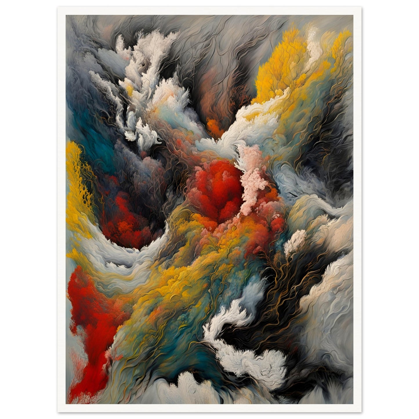 A dramatic painting depicting swirling clouds of smoke, fire, and mist with deep reds, golds, blues, and blacks, evoking a powerful elemental force.
