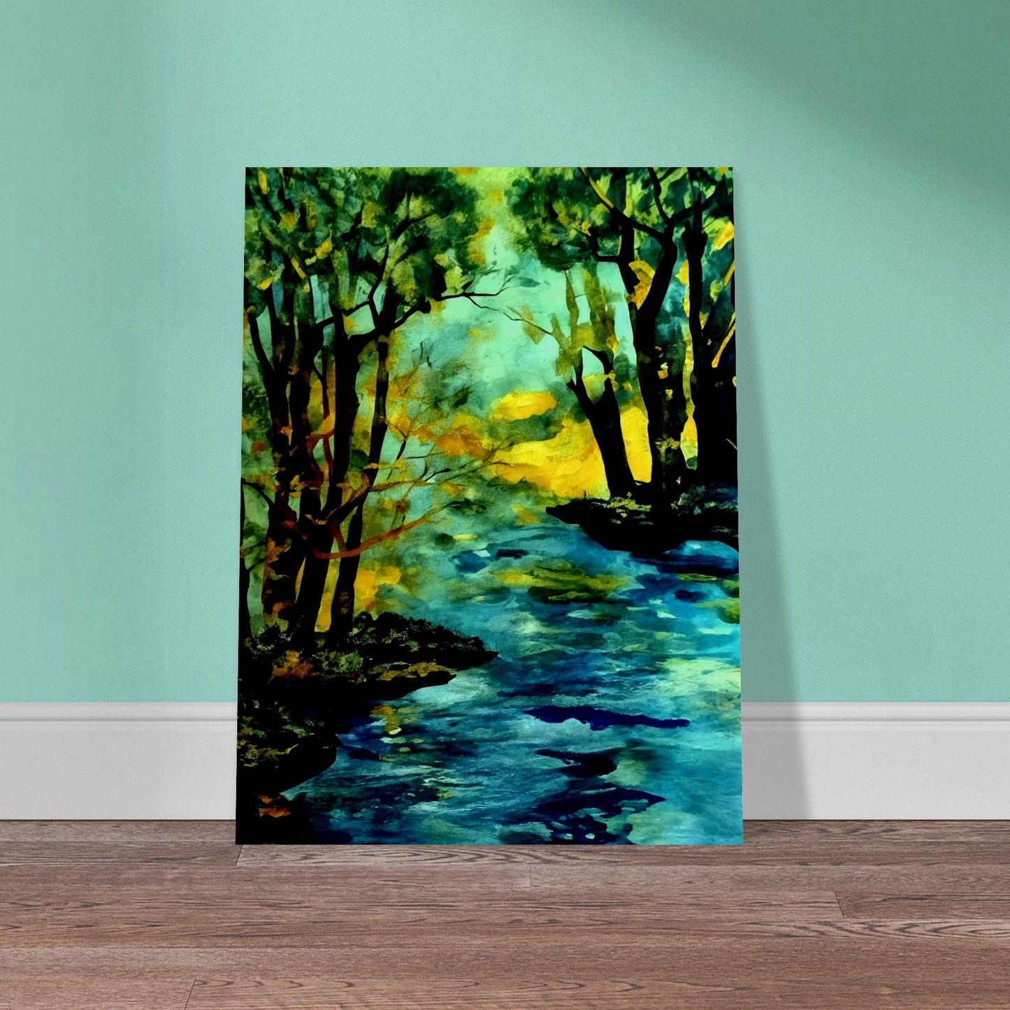 A vibrant landscape painting of a river flowing through a forest, with trees reflecting in the water and a warm glow of sunlight in the background, evoking tranquility and nature's beauty.