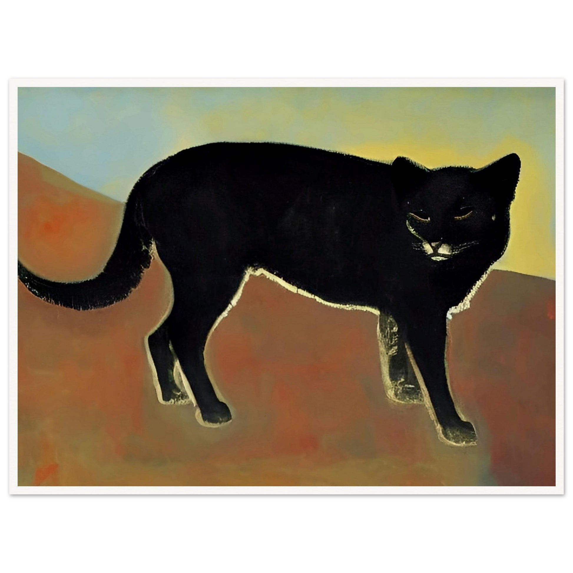A dark and enigmatic black cat with piercing eyes stands against a warm, earthy backdrop in a minimalist style.