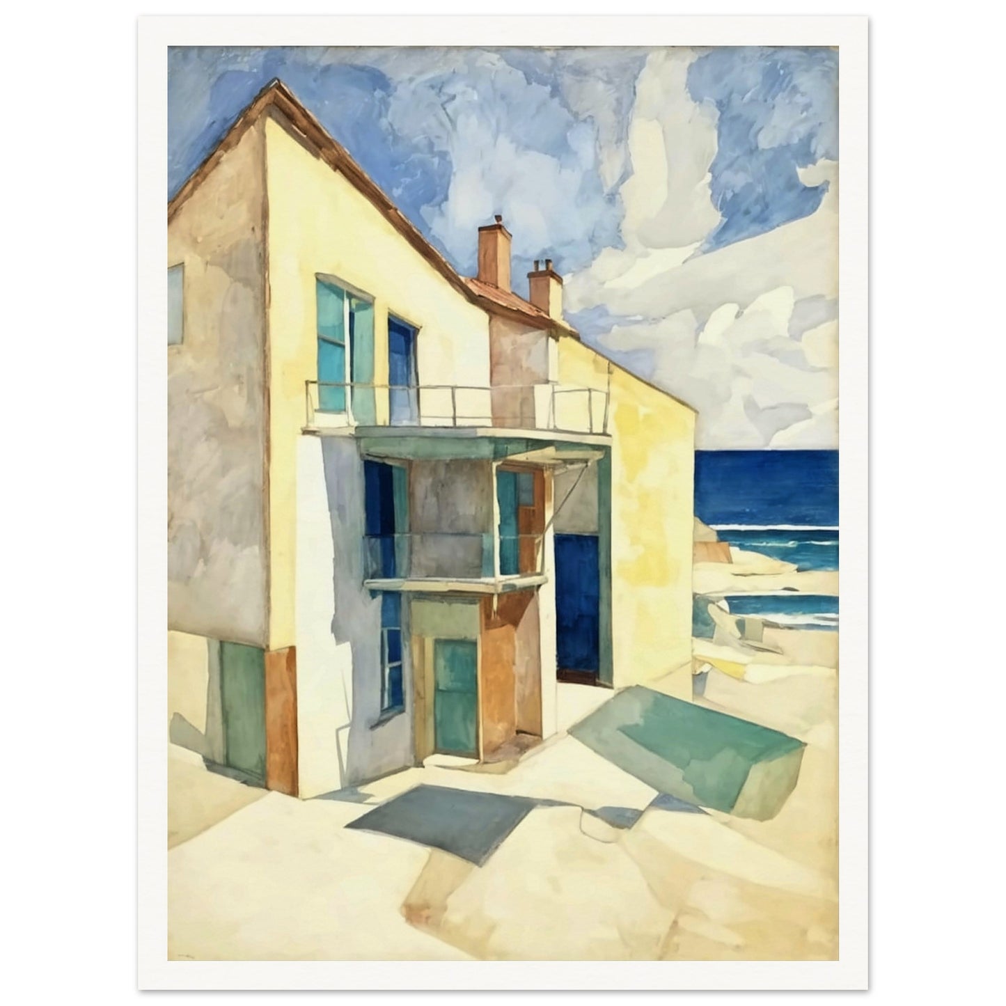 A bright seaside house casts long shadows under the afternoon sun, with a calm ocean and blue skies in the background.