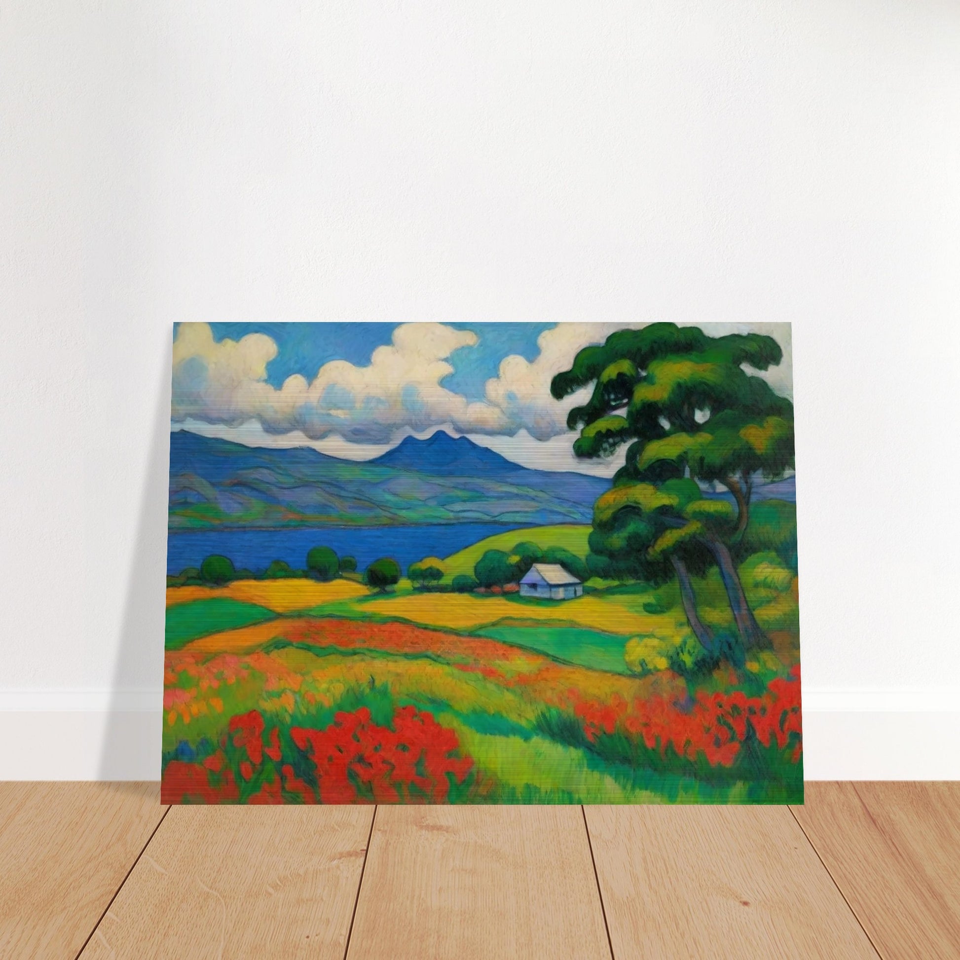 "A vibrant landscape painting featuring rolling hills, a calm lake, and colorful fields of red, yellow, and green, with a distant mountain."