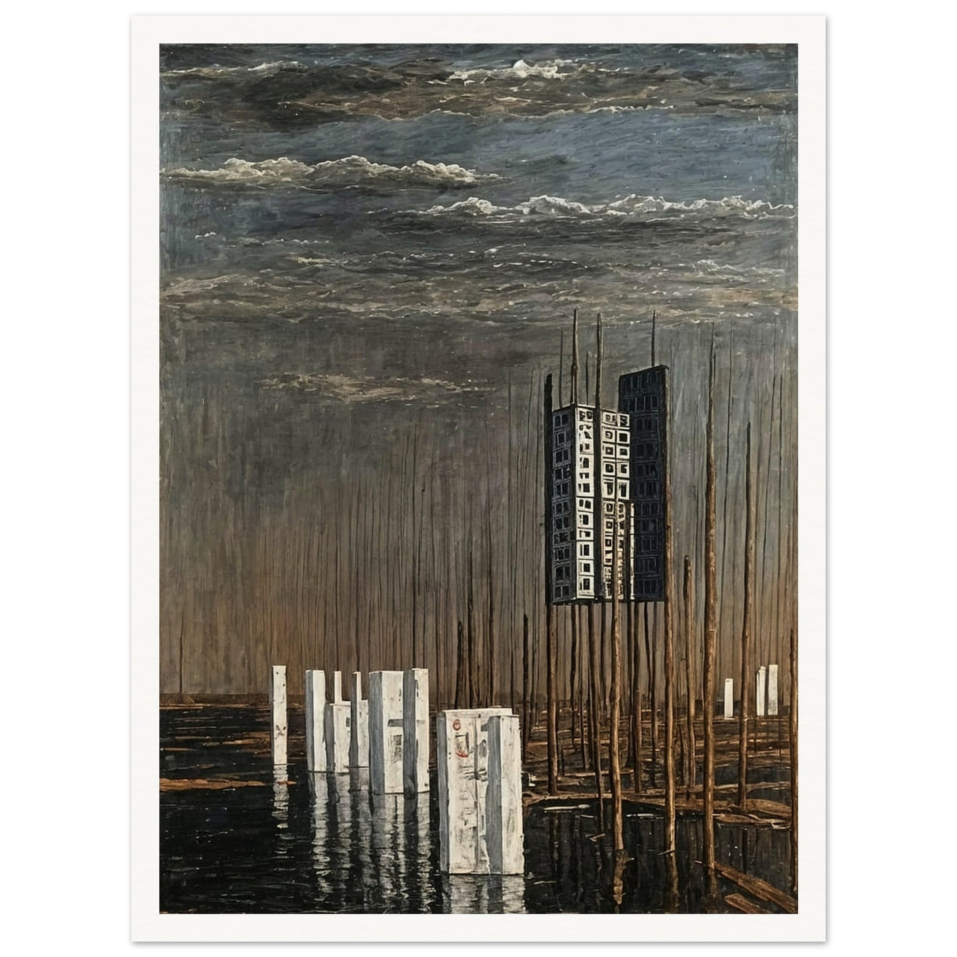 A surreal landscape painting featuring a tall, isolated building suspended among thin wooden poles, with reflective water and a cloudy sky.