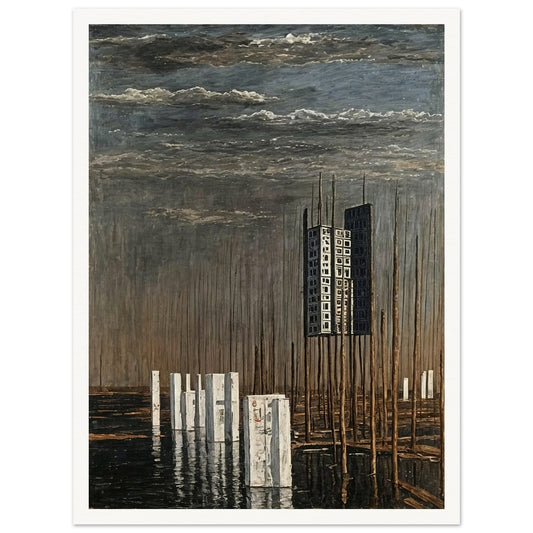 A surreal landscape painting featuring a tall, isolated building suspended among thin wooden poles, with reflective water and a cloudy sky.