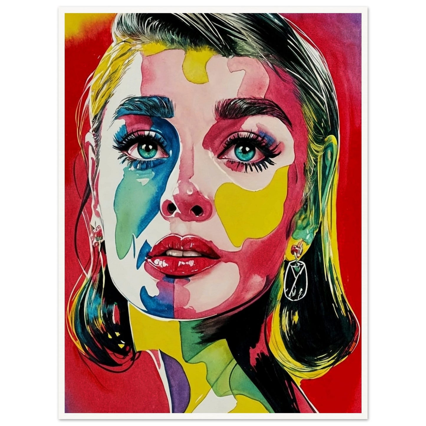 A striking portrait of a woman with vivid colors painted across her face, featuring bold reds, blues, yellows, and greens, with intense, captivating eyes.