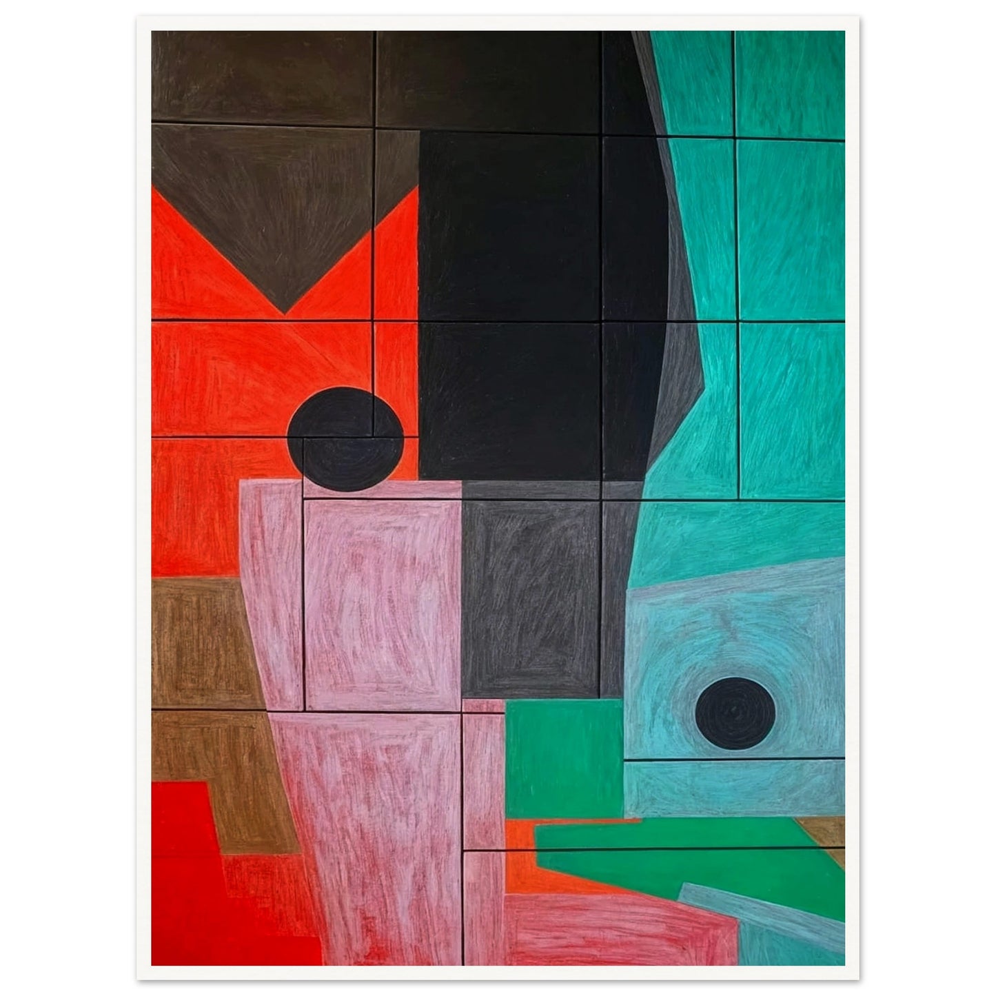 A striking geometric artwork featuring overlapping shapes in shades of red, black, pink, and teal, creating a structured abstract composition.