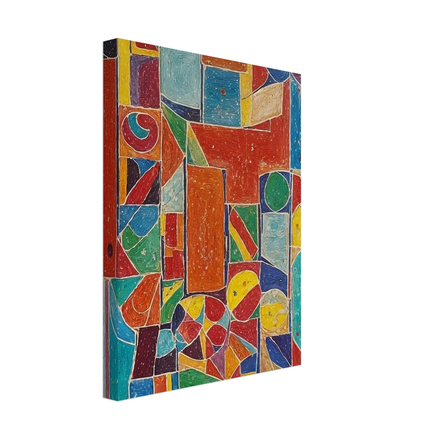 A vibrant abstract painting filled with geometric shapes and bold colors, creating a dynamic and lively composition.