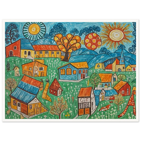 A colorful and playful illustration of a village, featuring houses with red, yellow, and blue roofs scattered across green rolling hills under bright, stylized suns and trees with polka-dot leaves.