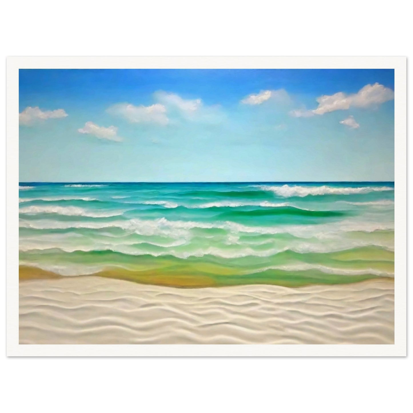 "A peaceful seascape painting of gentle waves rolling onto a white sandy beach under a clear blue sky with soft clouds."