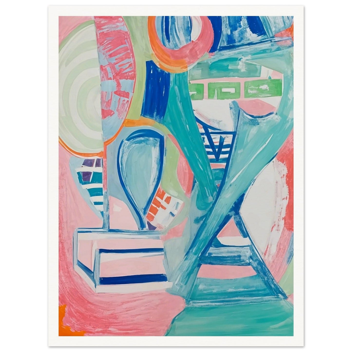 A dynamic interplay of pastel colors and geometric shapes creating a lively abstract composition full of energy and movement.