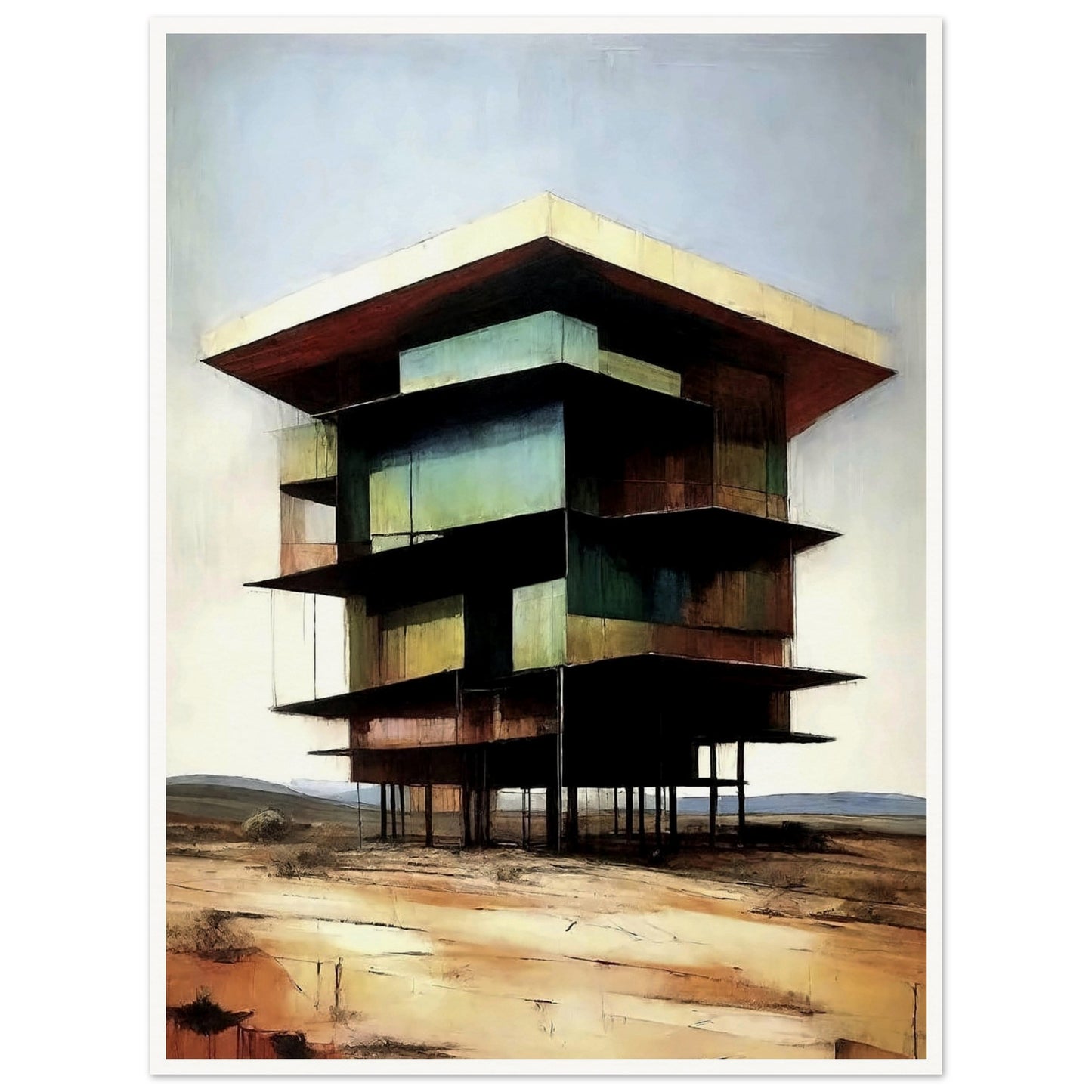 A modern, multi-level building standing on tall stilts in a desolate desert landscape, with earthy tones and a minimal sky.