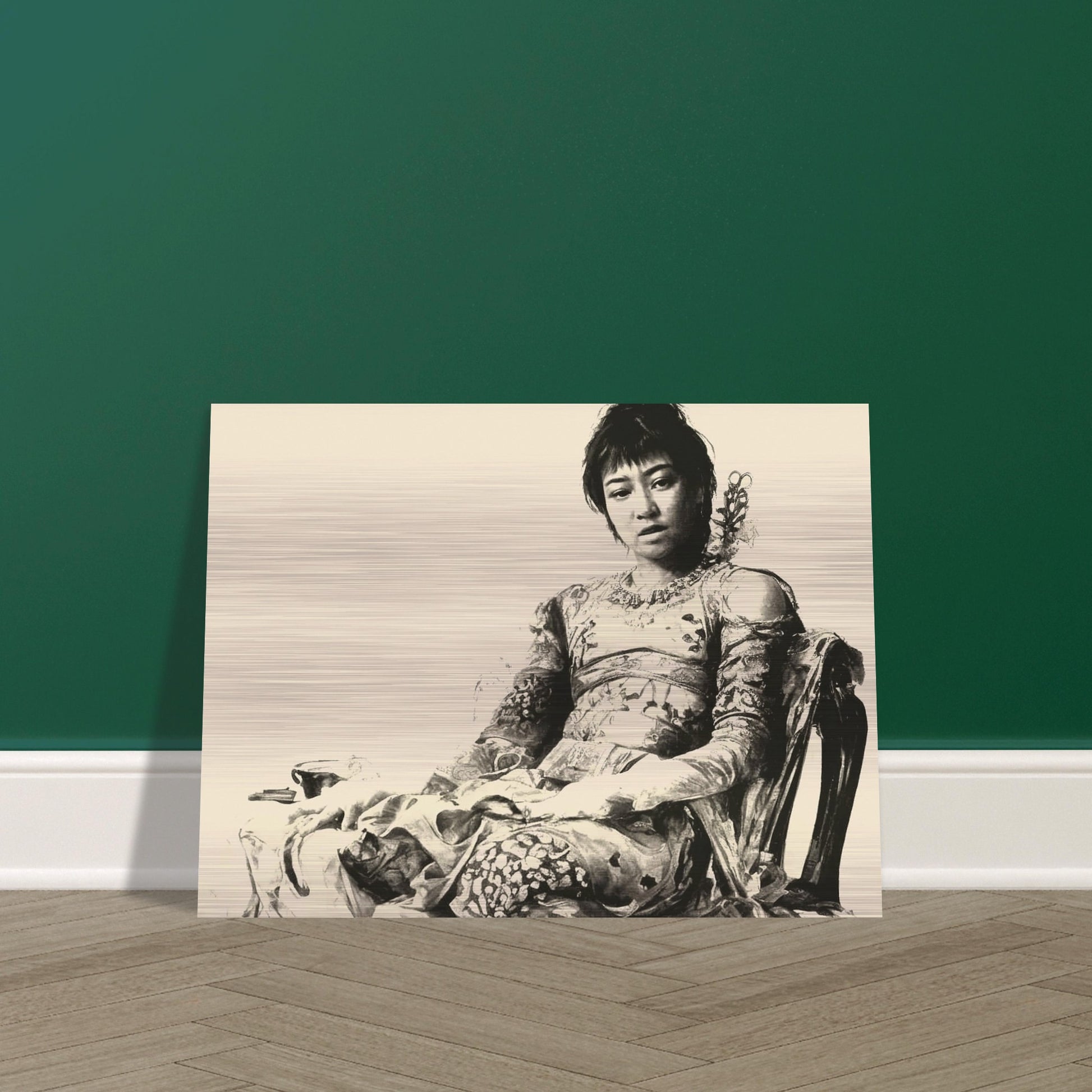 A vintage-style sepia portrait of a seated woman in ornate, intricate clothing, exuding calm grace and poise, captured with a soft, timeless aesthetic.