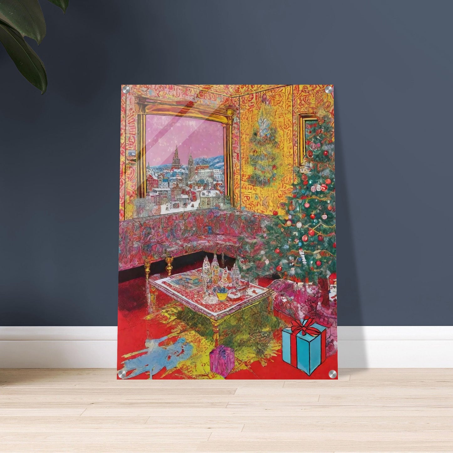 A vibrant living room adorned with a Christmas tree, presents, and festive decorations, featuring a large window showcasing a snowy cityscape with church spires in the distance.