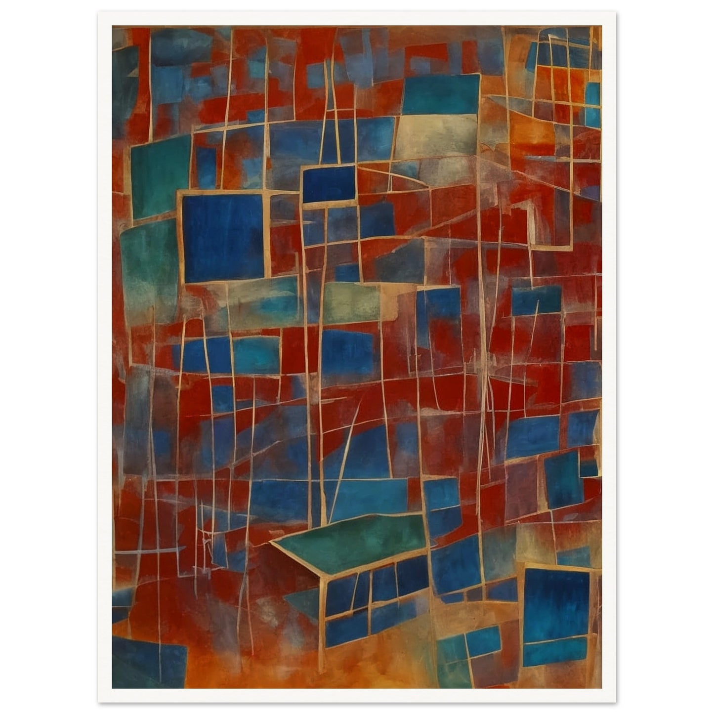 A vibrant composition featuring a network of interconnected blue and red rectangles, creating a dynamic and fragmented visual experience.