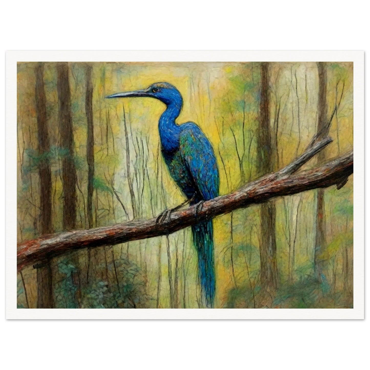 "A detailed painting of a vibrant blue bird perched on a tree branch in a forest, surrounded by soft, natural light filtering through the trees."
