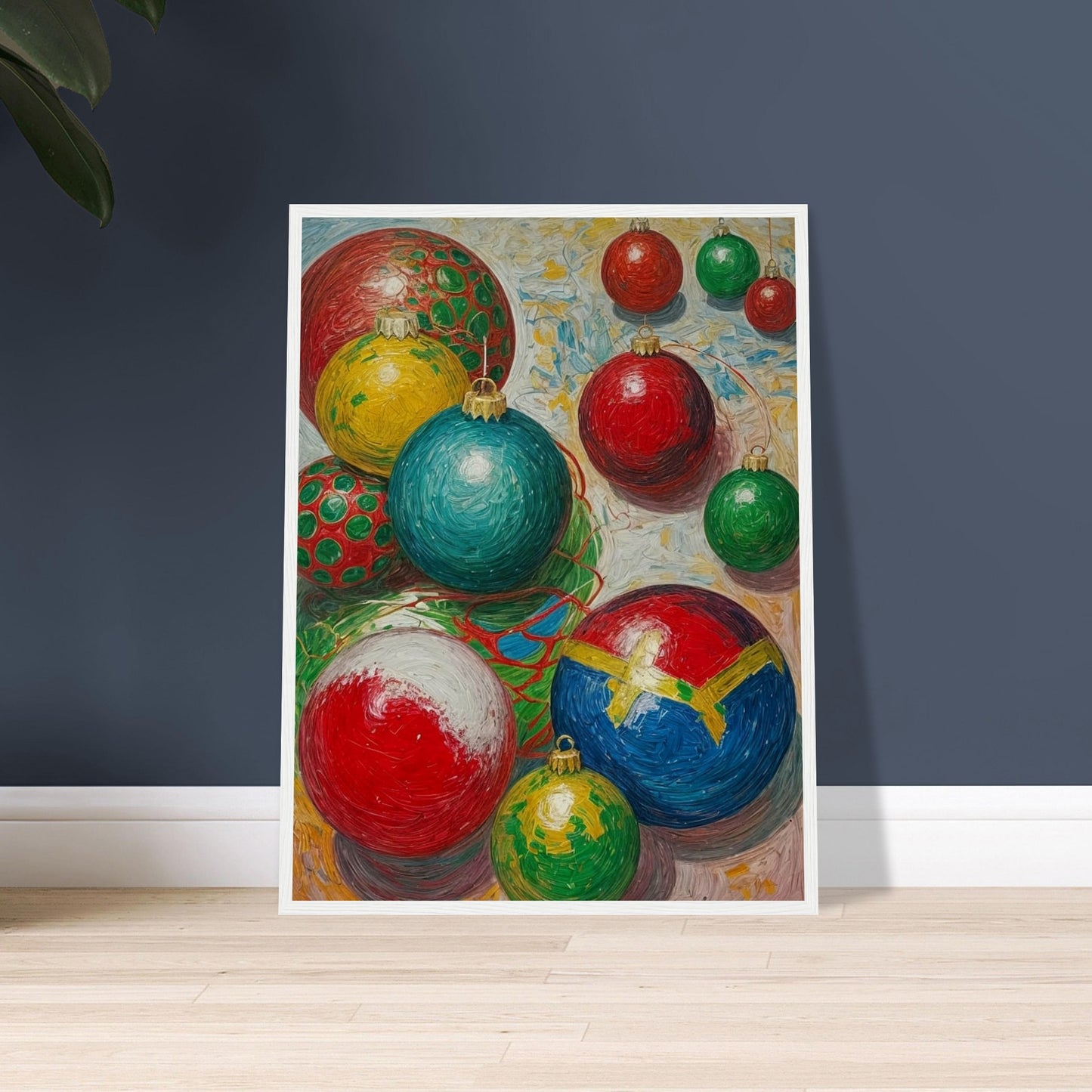 A collection of colorful Christmas ornaments in red, green, blue, and yellow, arranged in a playful and vibrant composition, evoking holiday cheer.