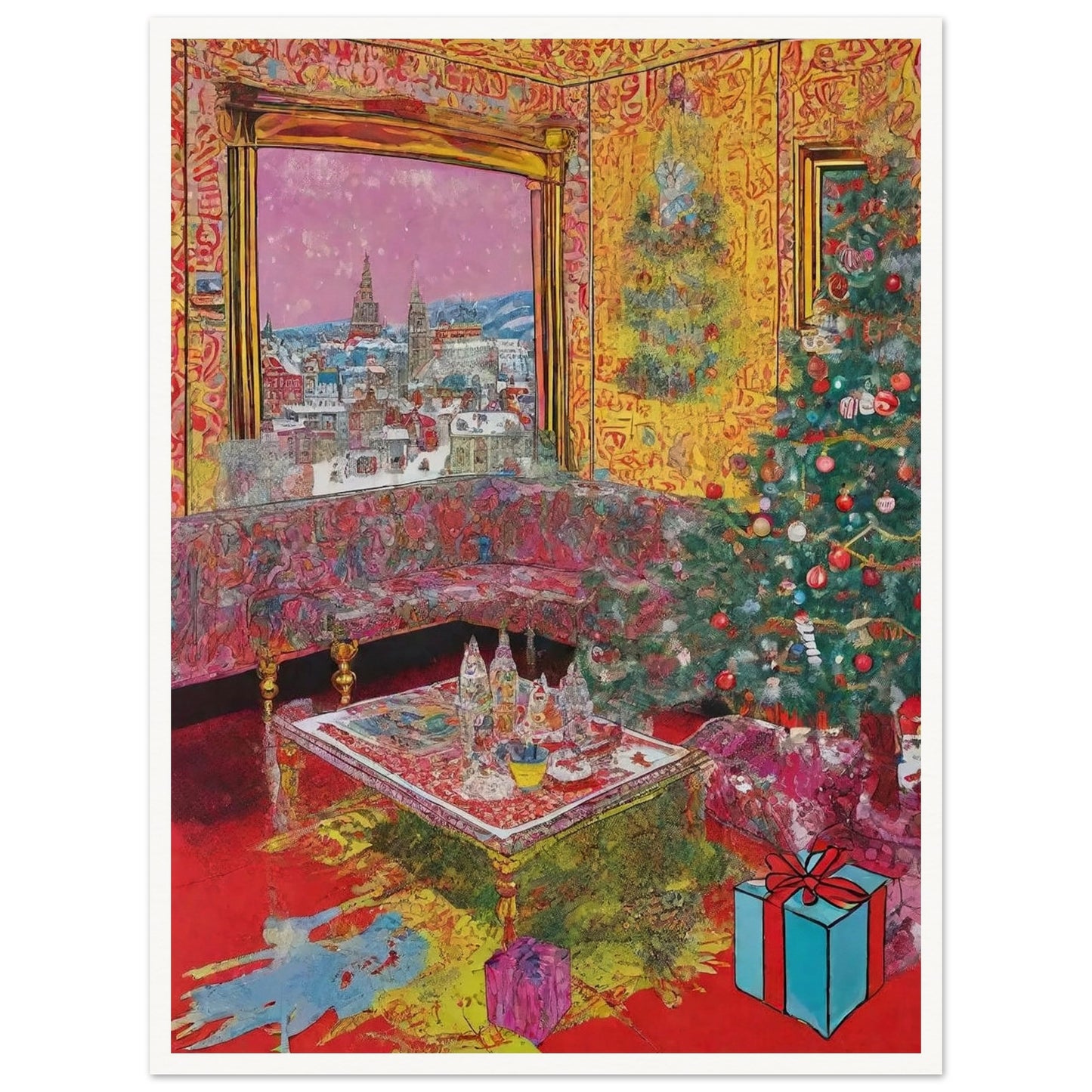 A vibrant living room adorned with a Christmas tree, presents, and festive decorations, featuring a large window showcasing a snowy cityscape with church spires in the distance.